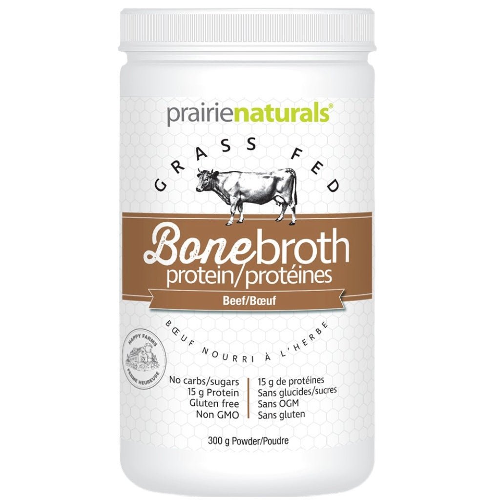  Prairie Naturals Grass Fed Bonebroth protein powder with a brown and white label featuring a cow illustration.
