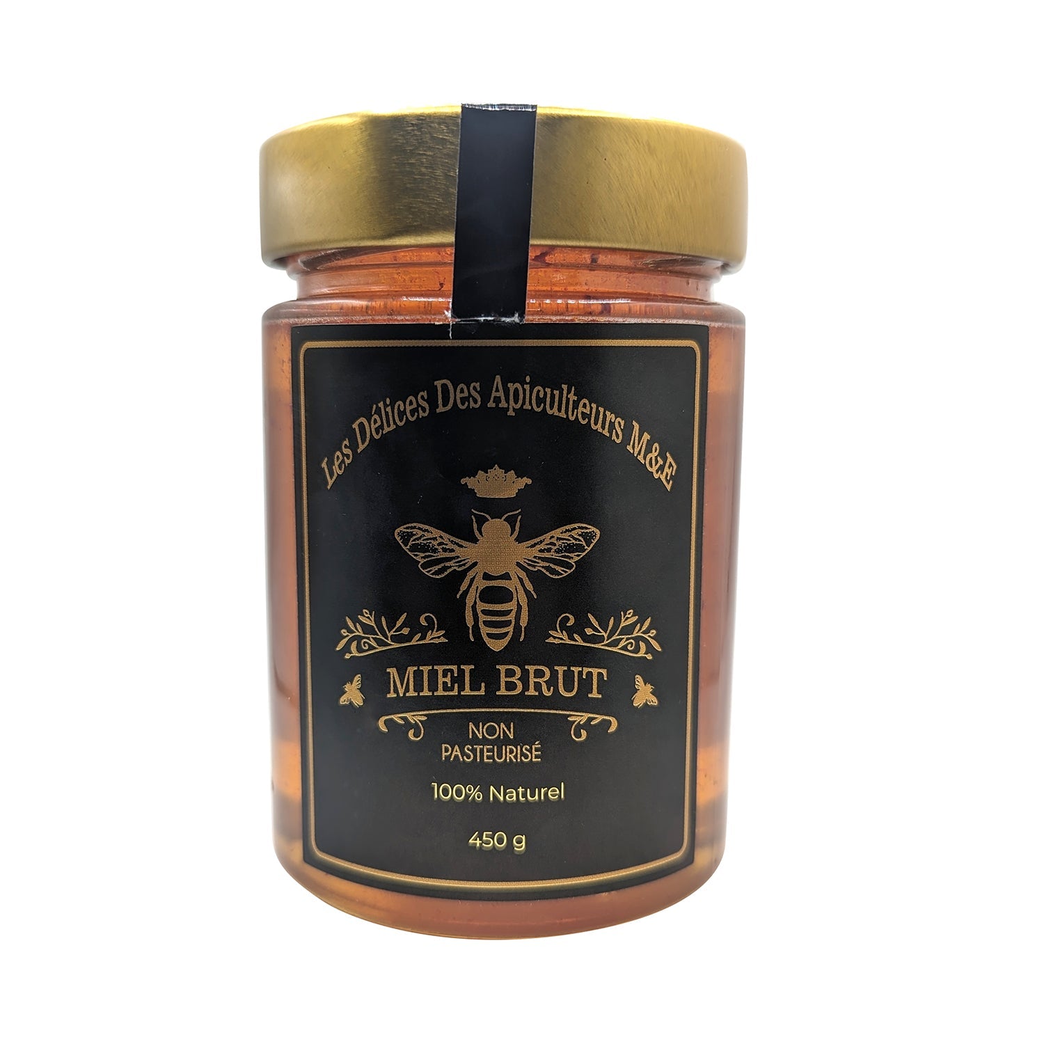 Jar of honey with a black label featuring a bee design on a white background