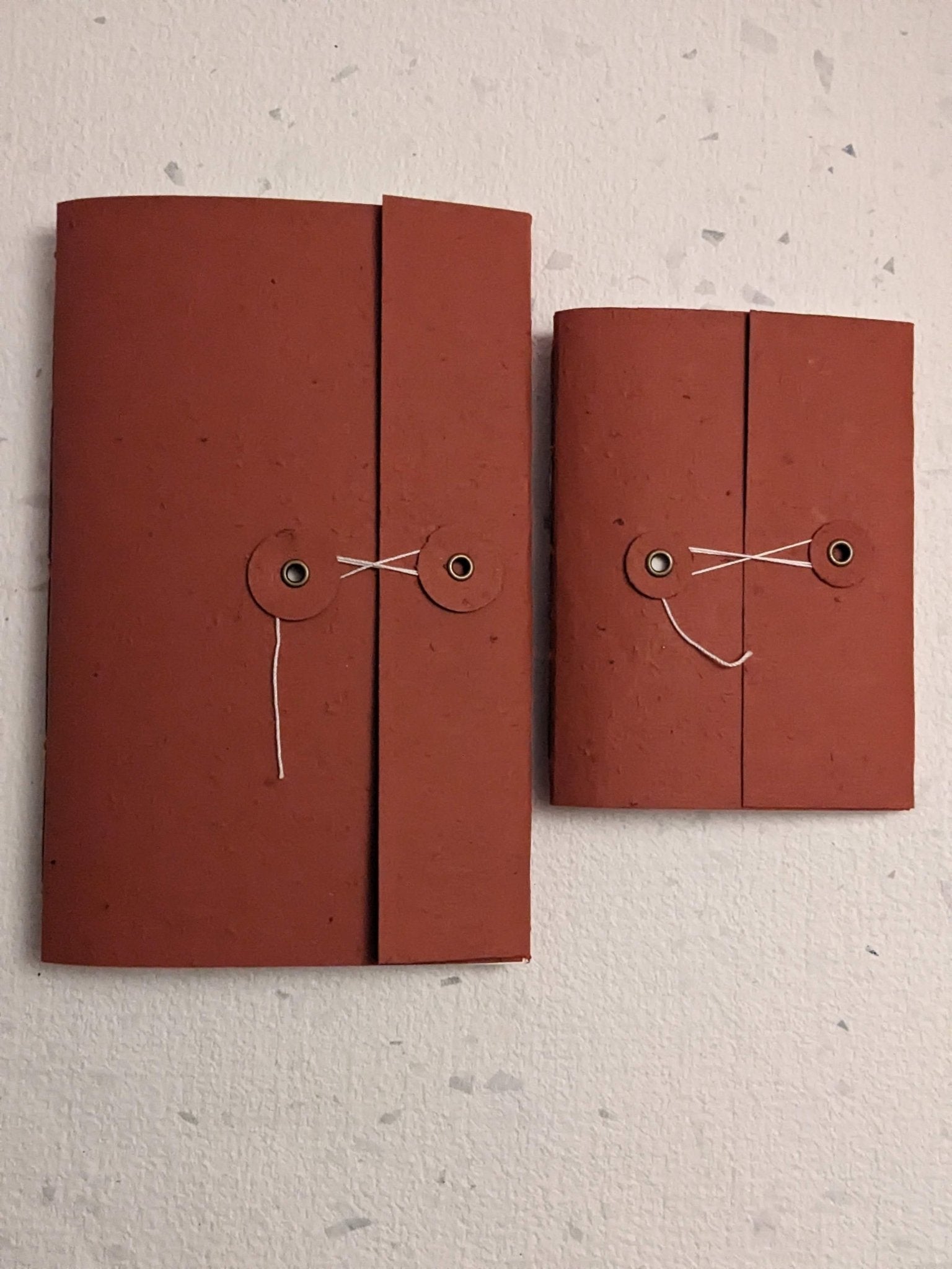 Two terracotta-colored leather-bound notebooks on a textured grey surface Creative Artifacts HQ plantable 