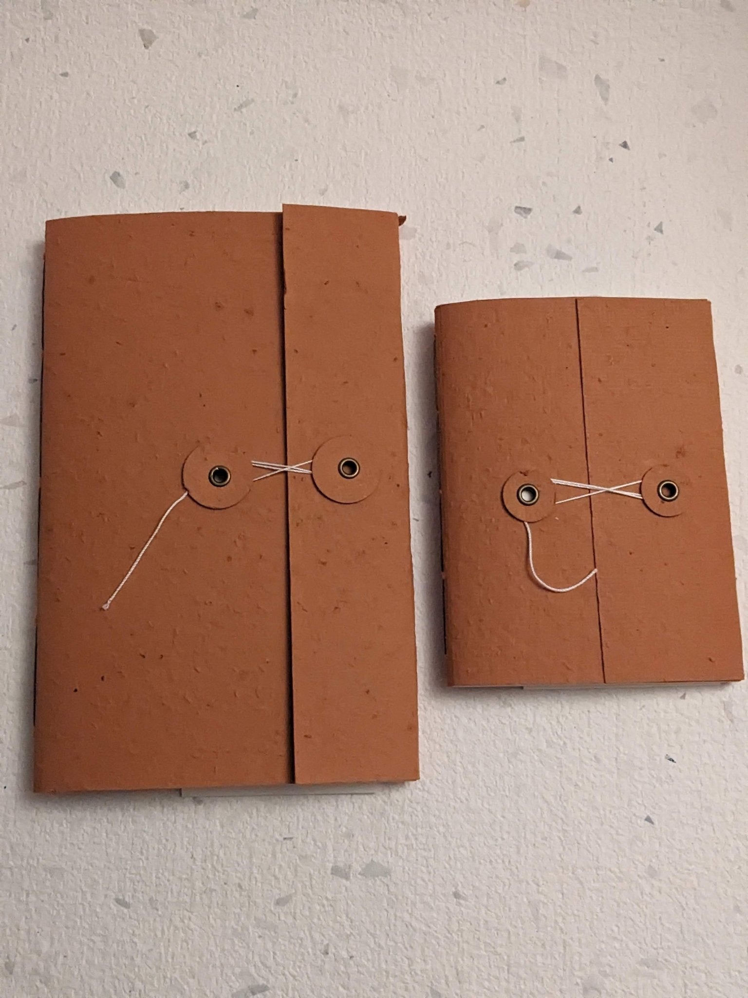 Two brown leather-bound notebooks with string closure on a textured grey background Creative Artifacts HQ plantable 