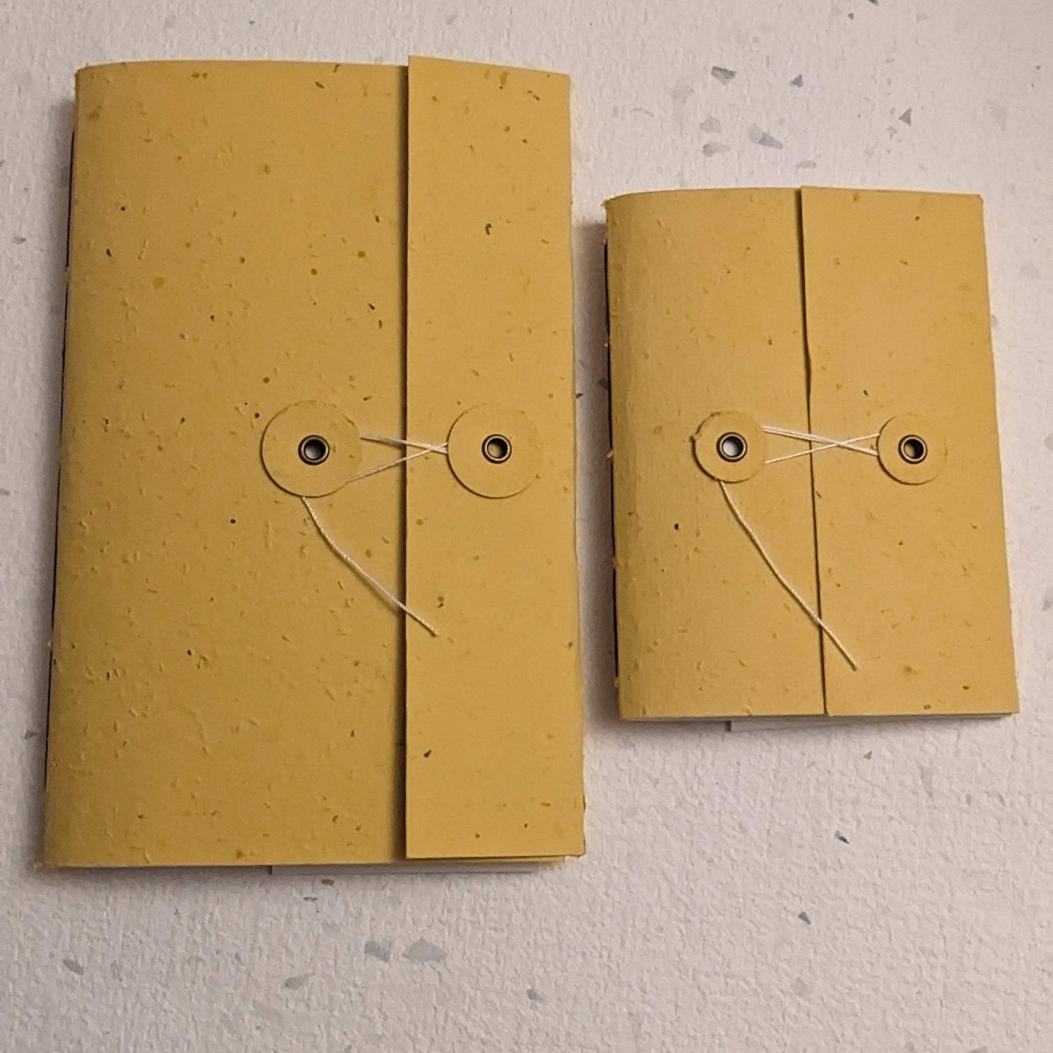 Two yellow notebooks with string ties on a textured grey surface Creative Artifacts HQ plantable 