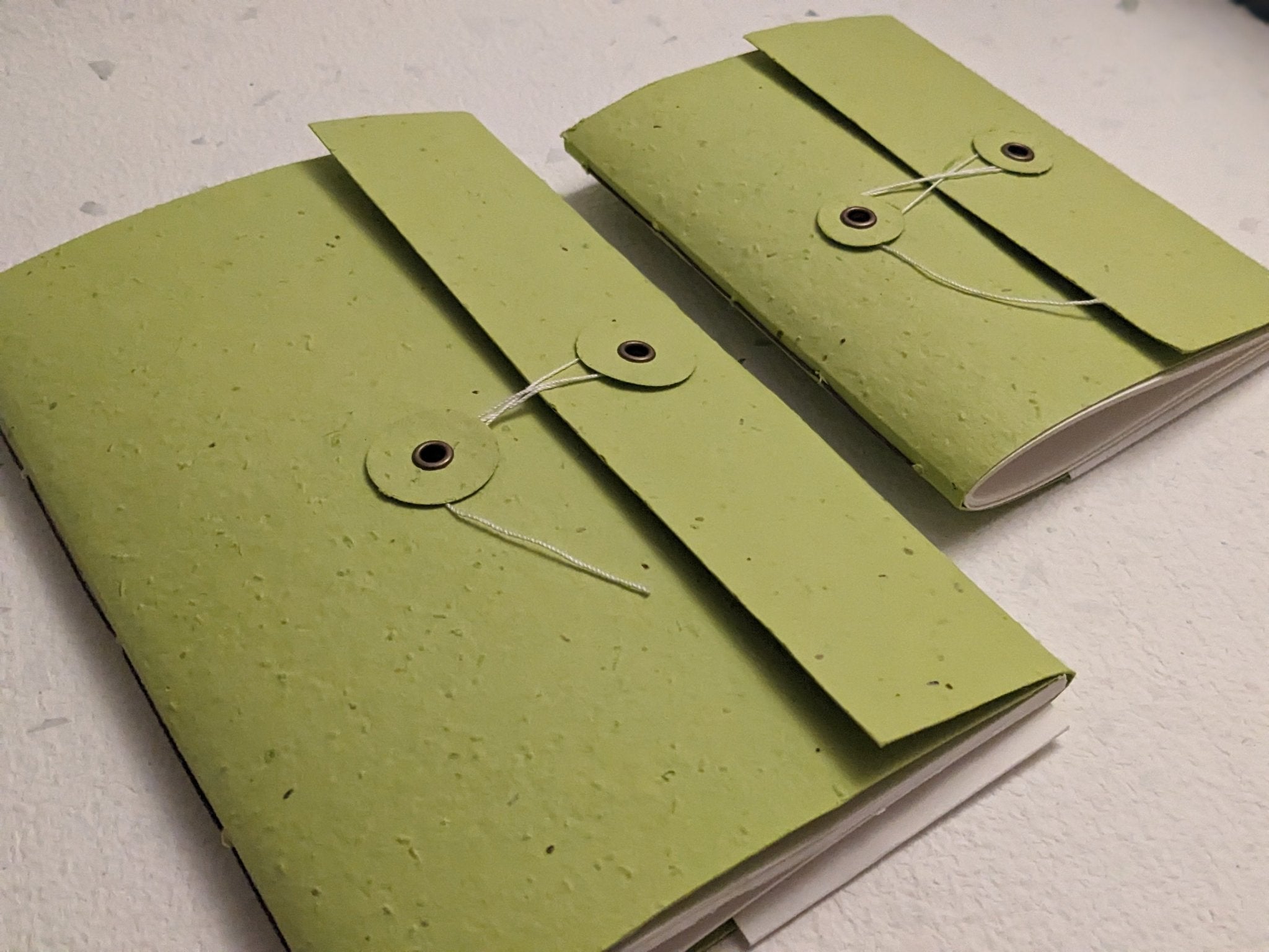 Two green textured notebooks with string ties on a light grey background Creative Artifacts HQ