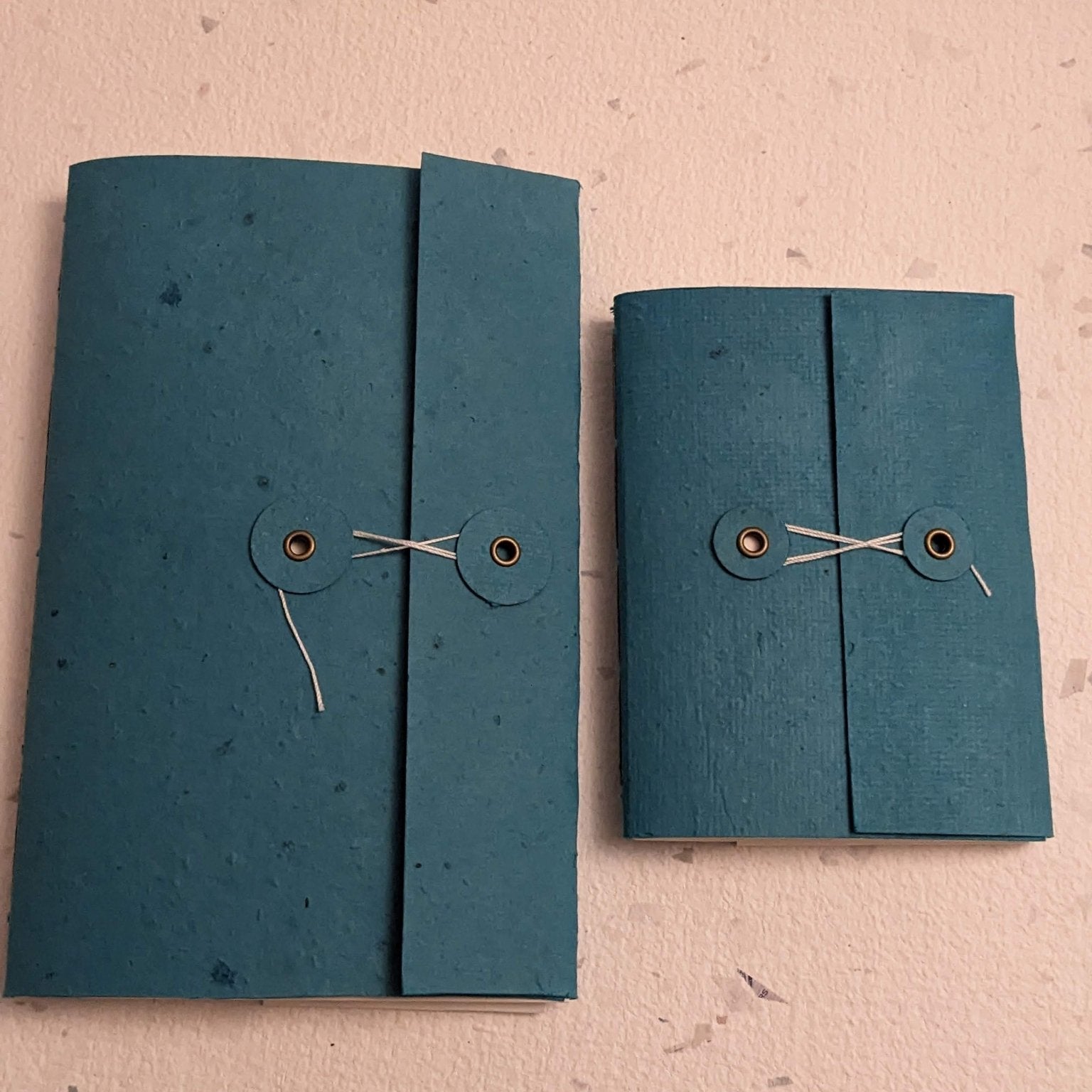 Two blue leather-bound books with string ties on a grey surface Creative Artifacts HQ plantable 
