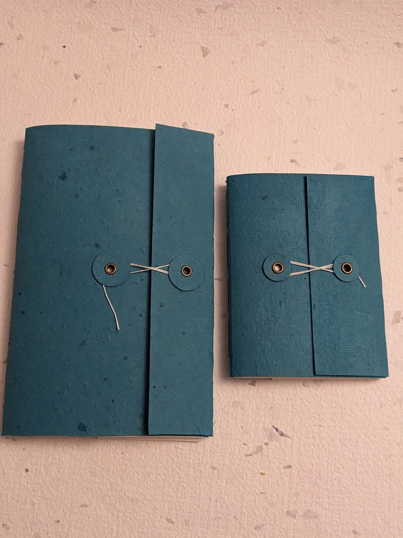 Two blue leather-bound books with string ties on a grey surface Creative Artifacts HQ plantable 
