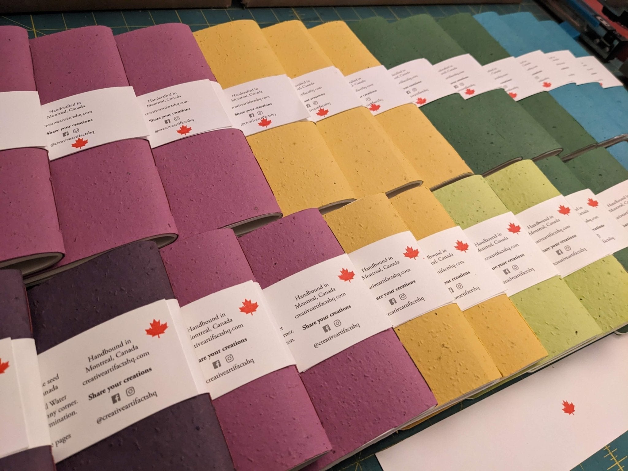 Color swatches with labels on a cutting mat on a grey surface Creative Artifacts HQ plantable 