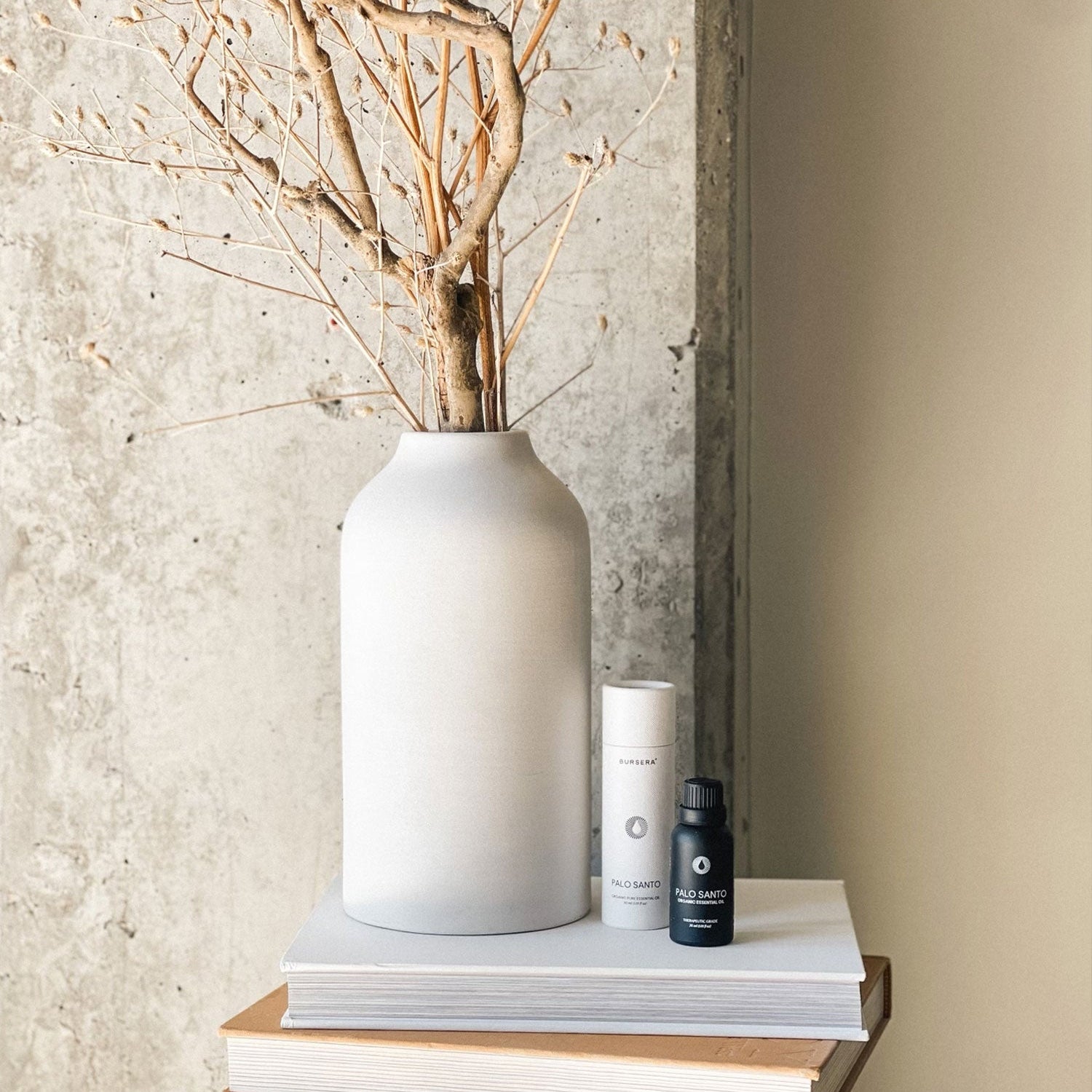 White vase with dried branches on a wooden surface against a textured wall.
