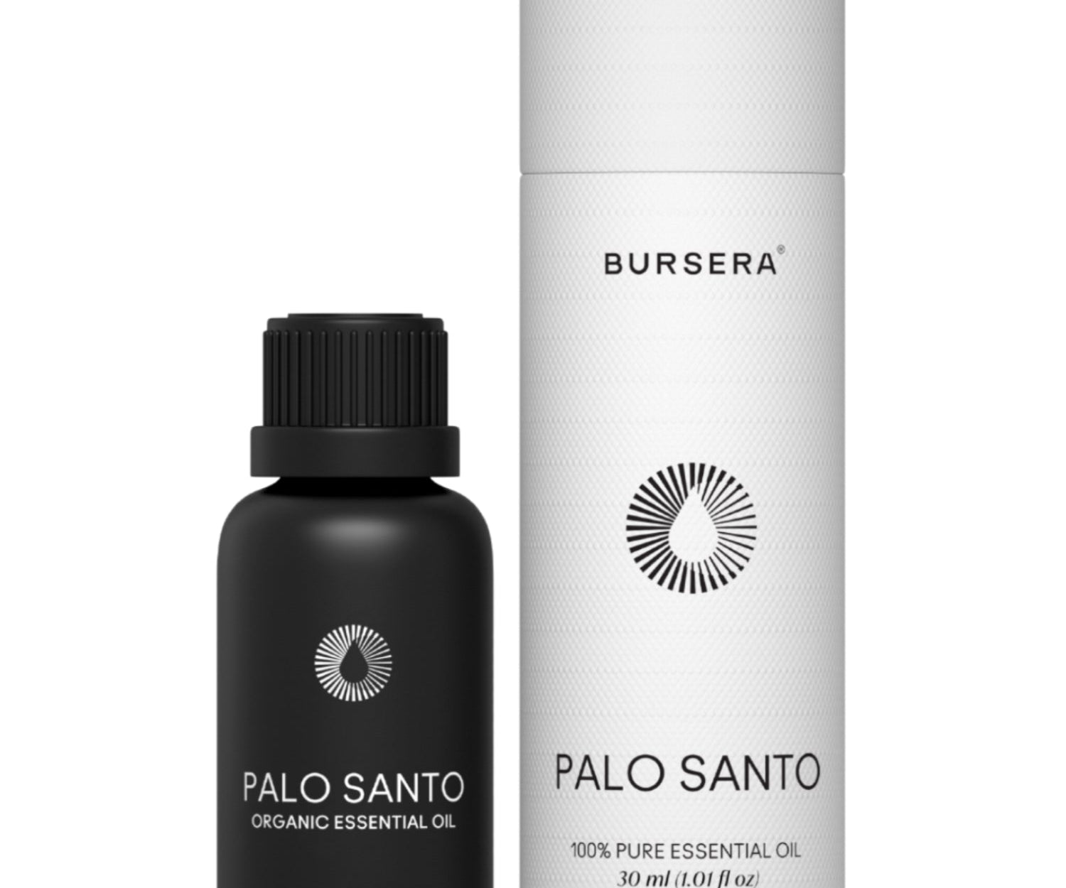 Black bottle and white cylindrical container of Bursera Palo Santo essential oil on a white background