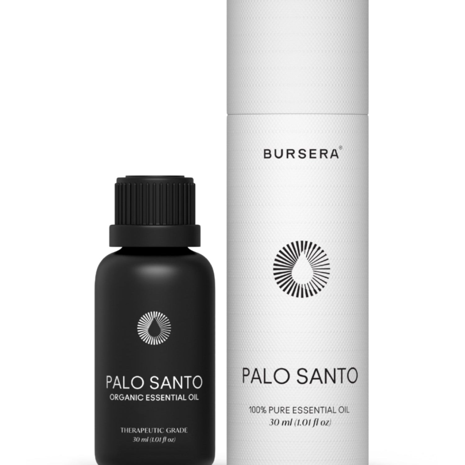 Black bottle and white cylindrical container of Bursera Palo Santo essential oil on a white background