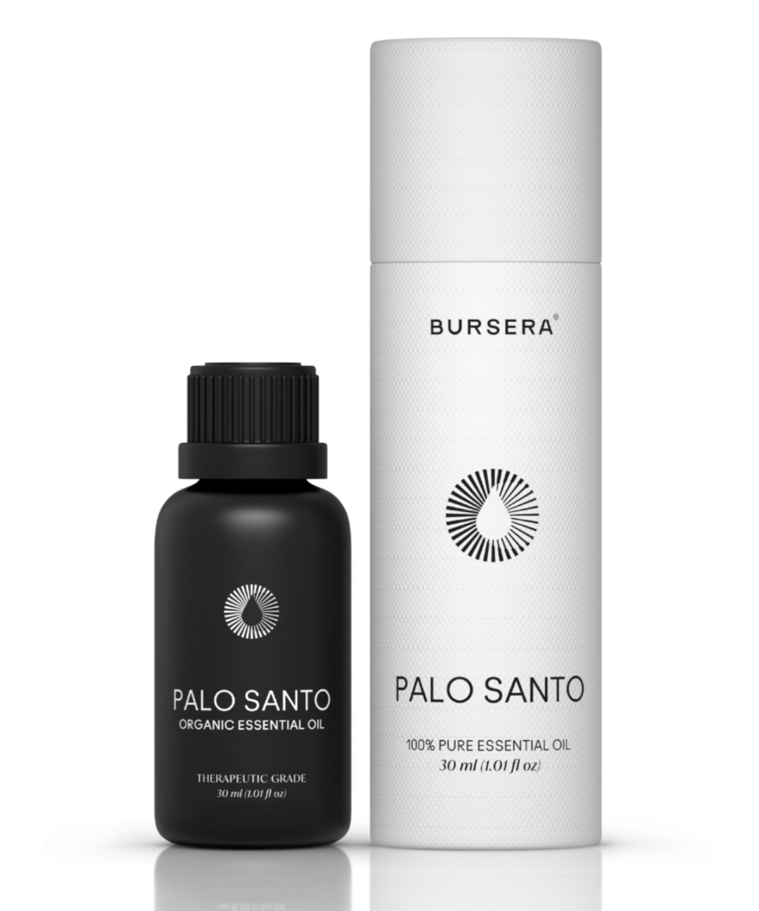 Black bottle and white cylindrical container of Bursera Palo Santo essential oil on a white background