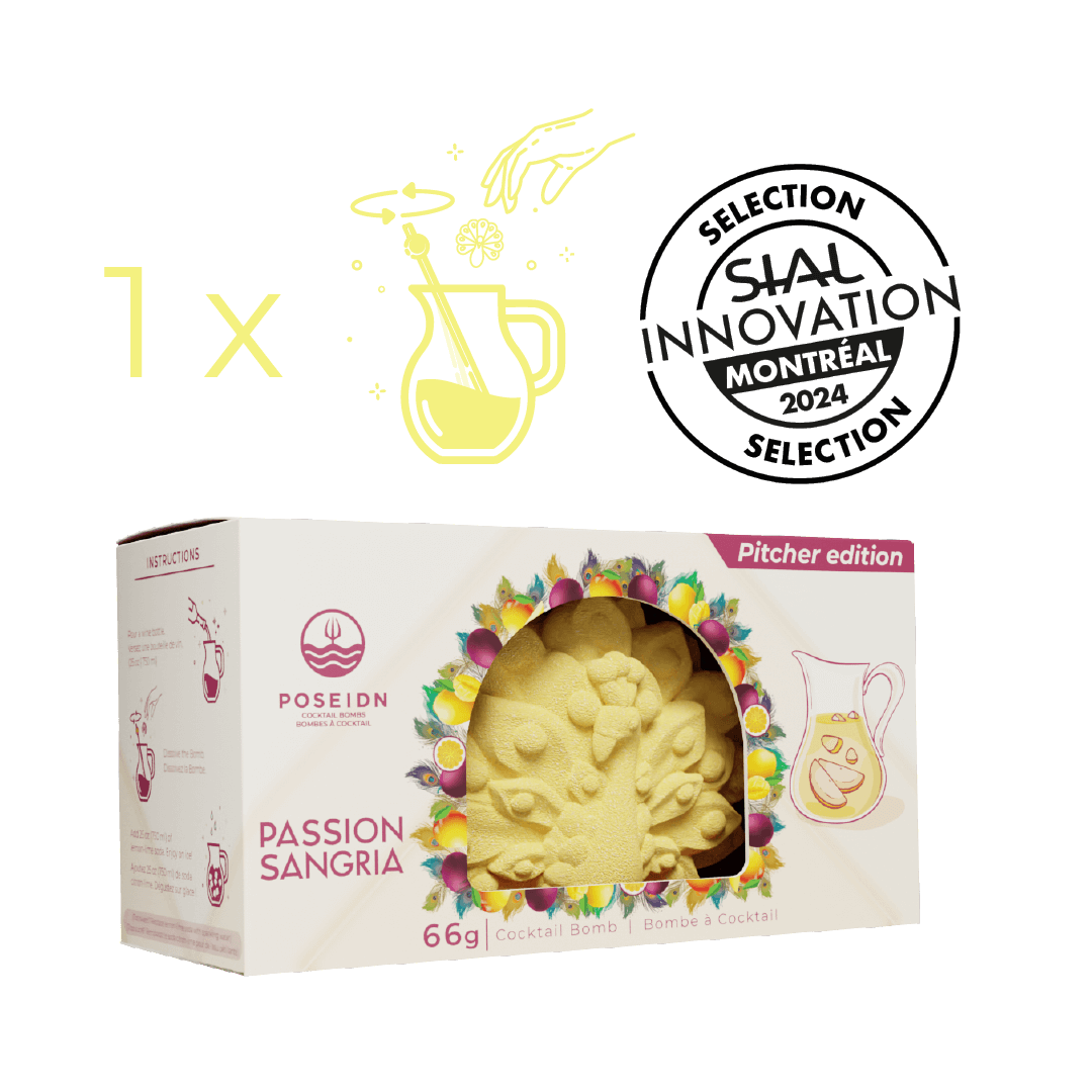 Box of Posiedn Mocktail flavor bomb 'Passion Sangria' with a pitcher illustration on a black background