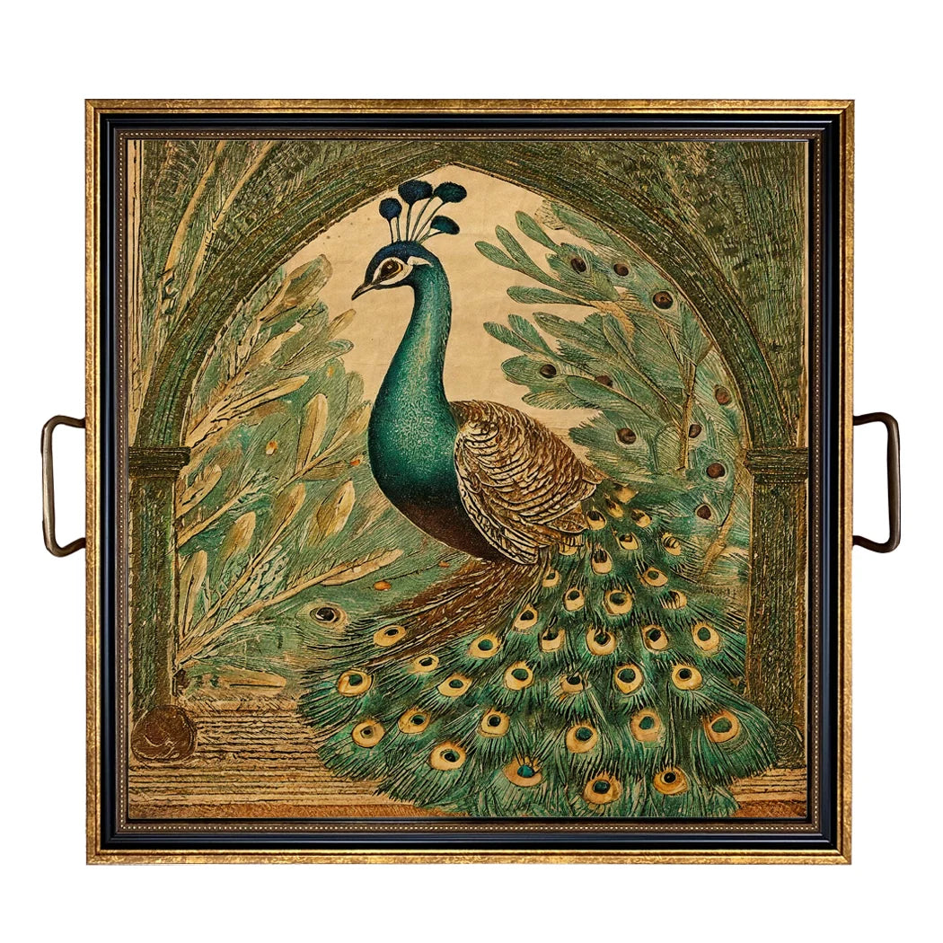 Decorative tray with a peacock design on a white background