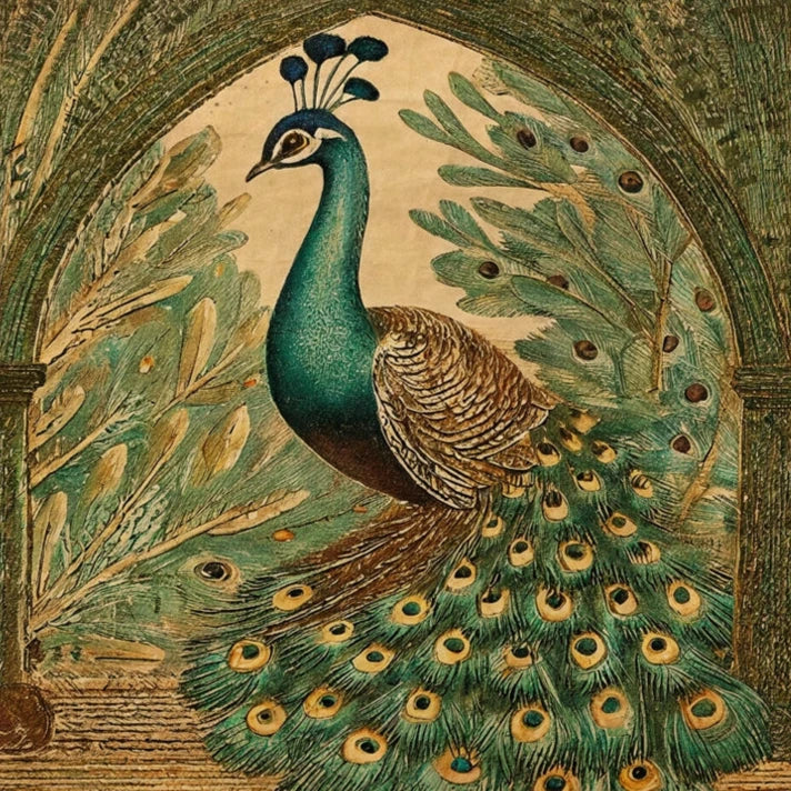 Decorative illustration of a peacock with detailed feathers and foliage.