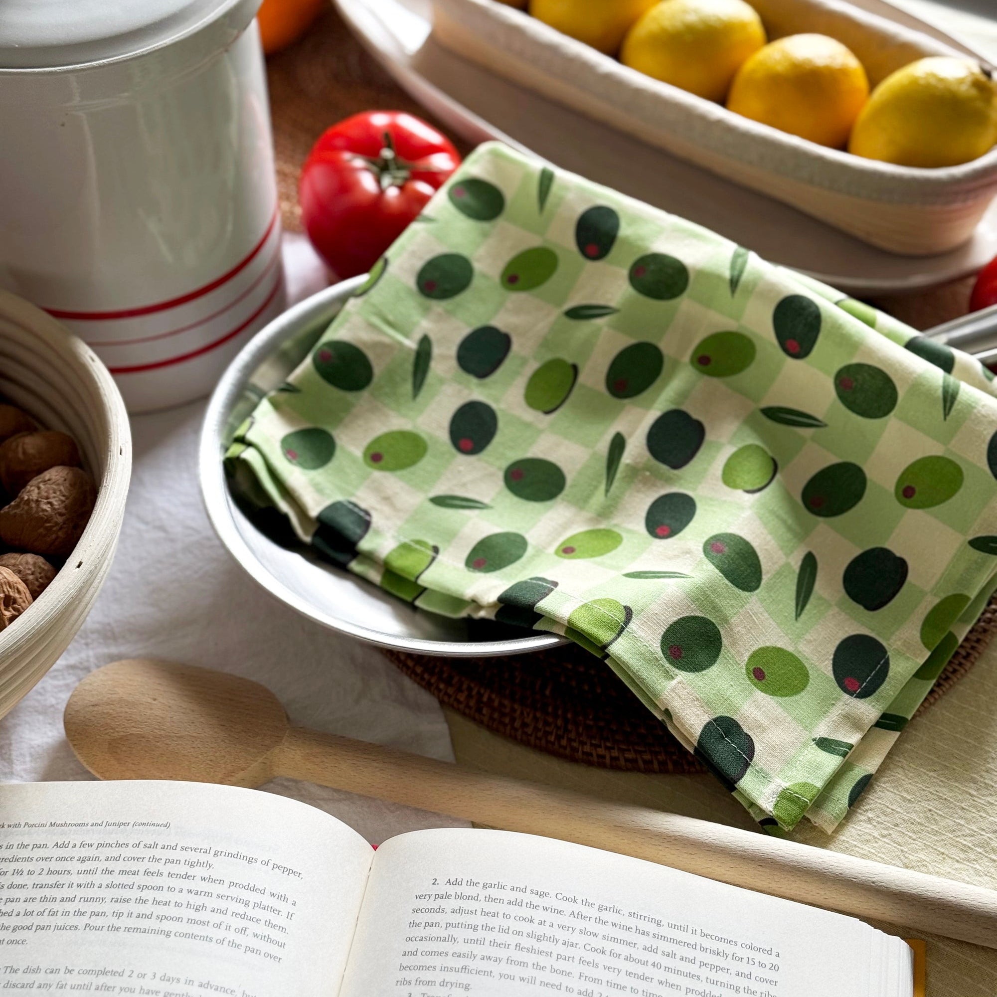 Olive patterened tea towl by Freon Collective 2