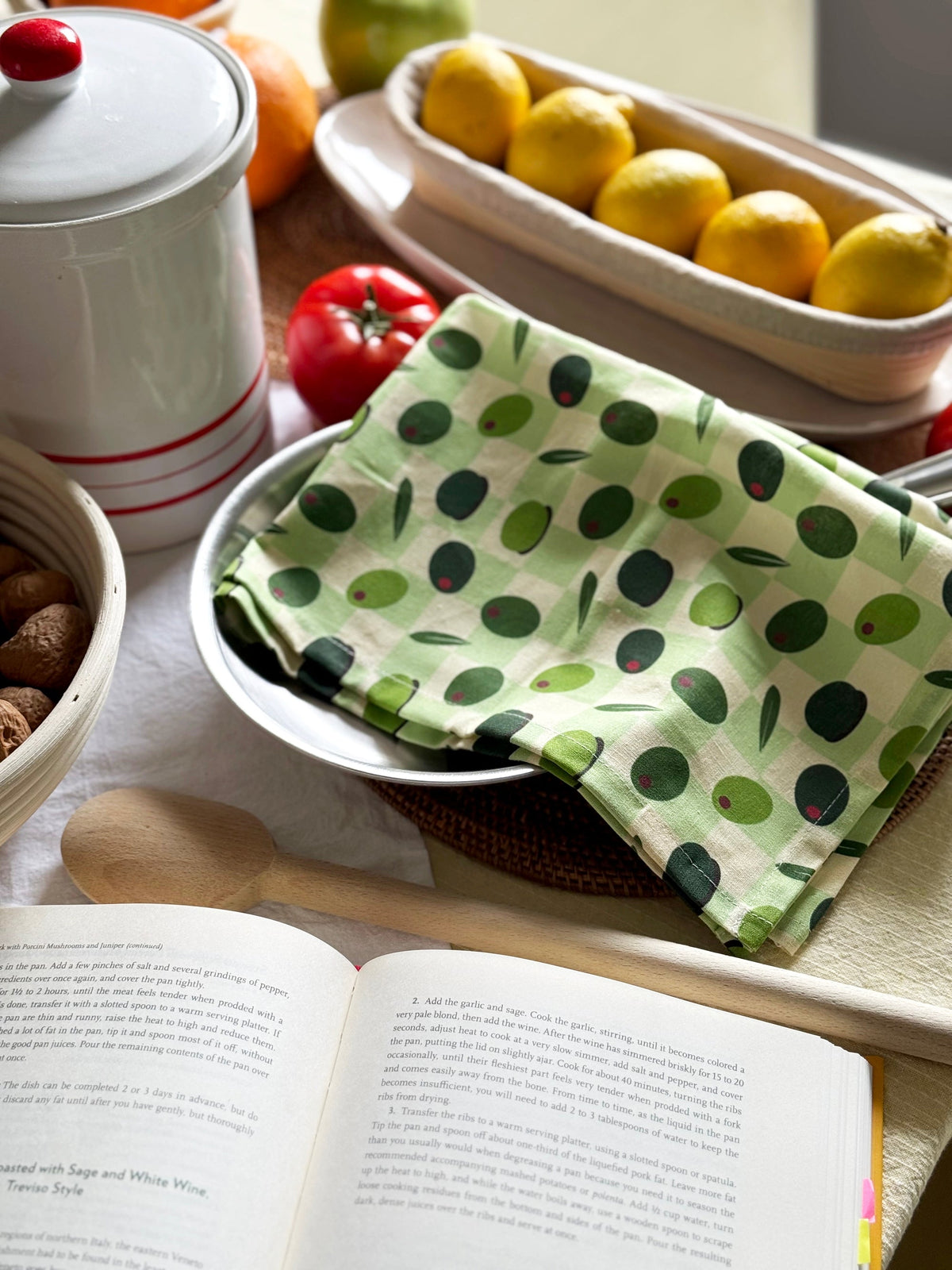 Olive patterened tea towl by Freon Collective 2
