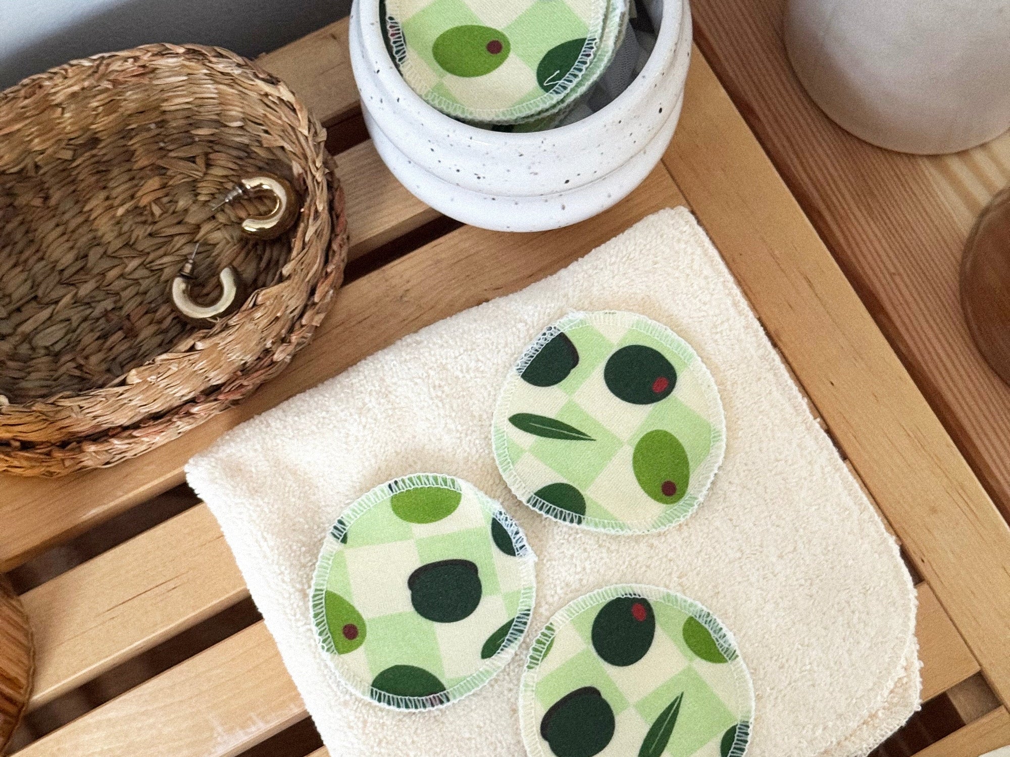 Reusable cottom make up pads olive pattern from Freon Collective