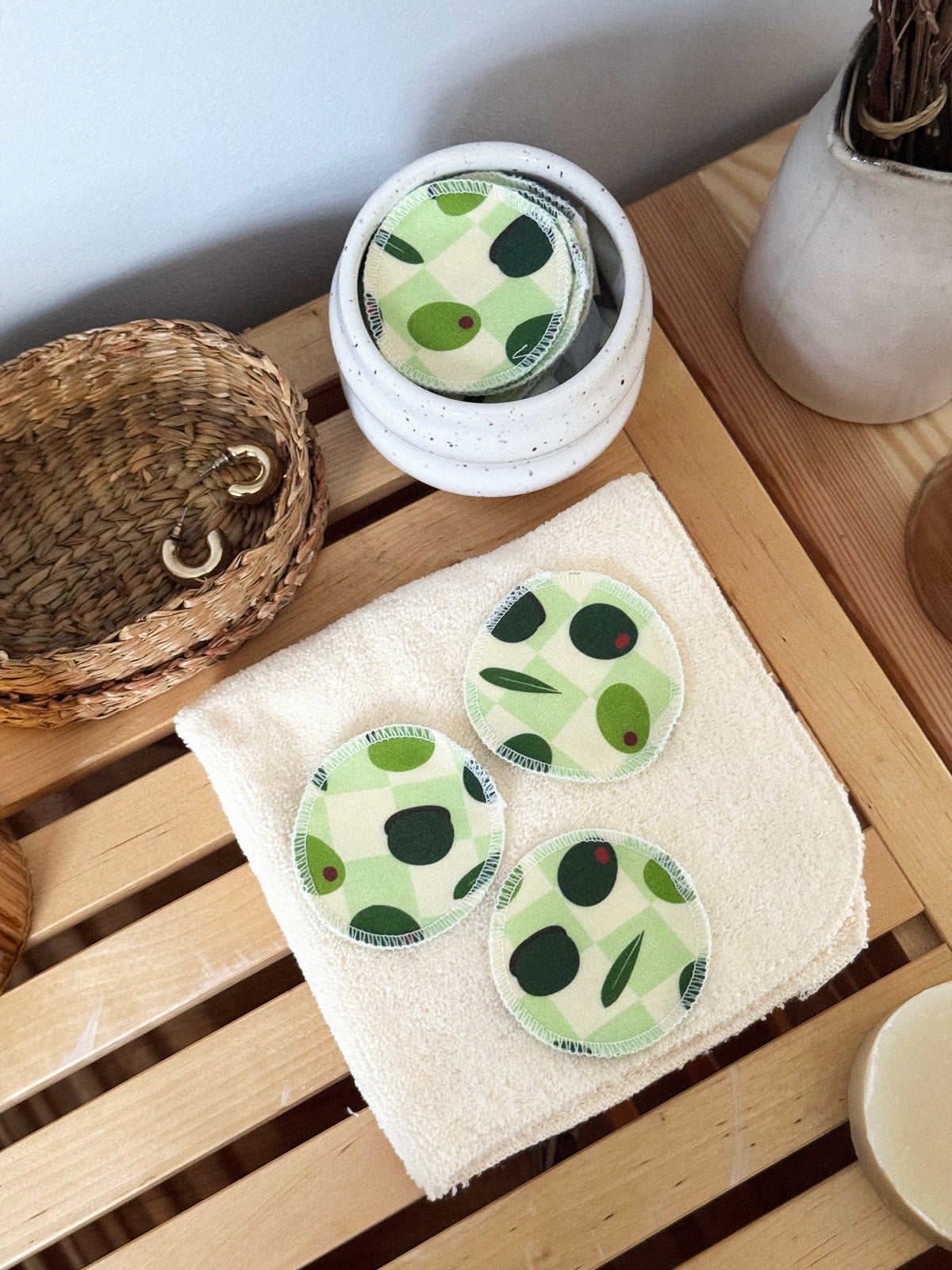 Reusable cottom make up pads olive pattern from Freon Collective