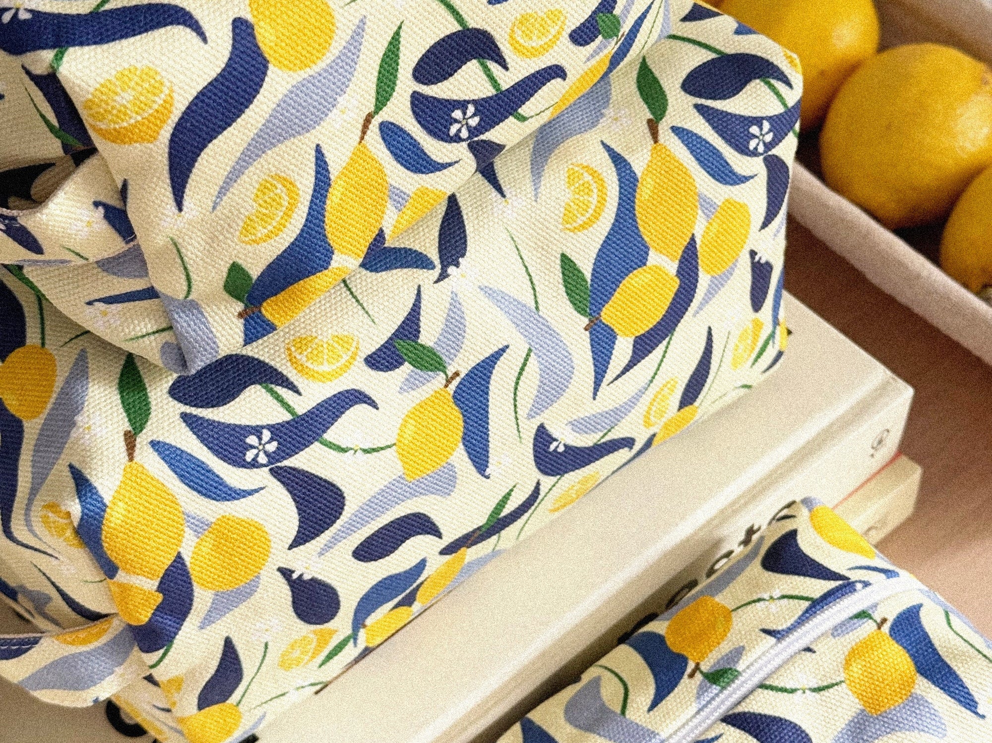 Three lemon themed stacked make up bags by Freon Collective 2
