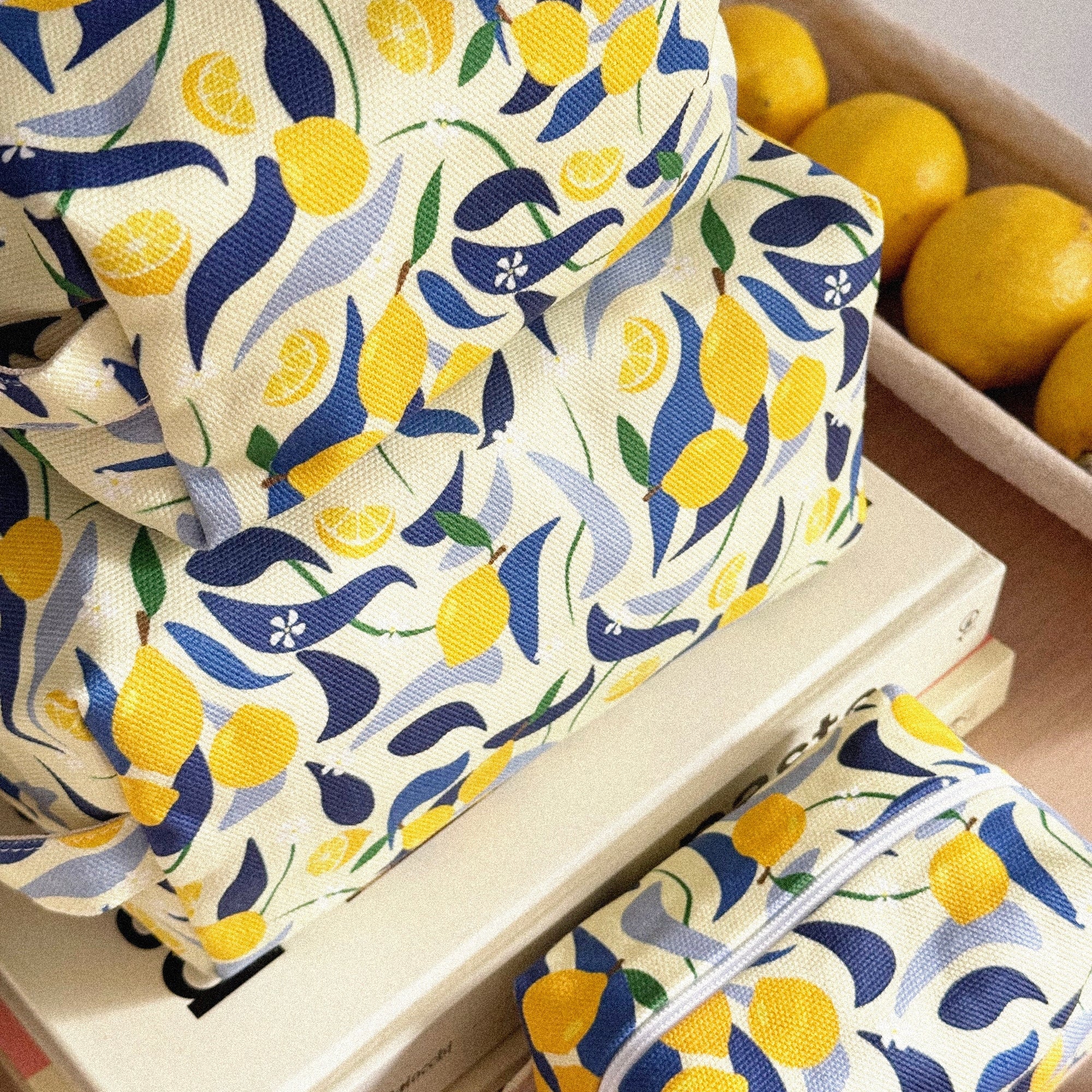 Three lemon themed stacked make up bags by Freon Collective 2
