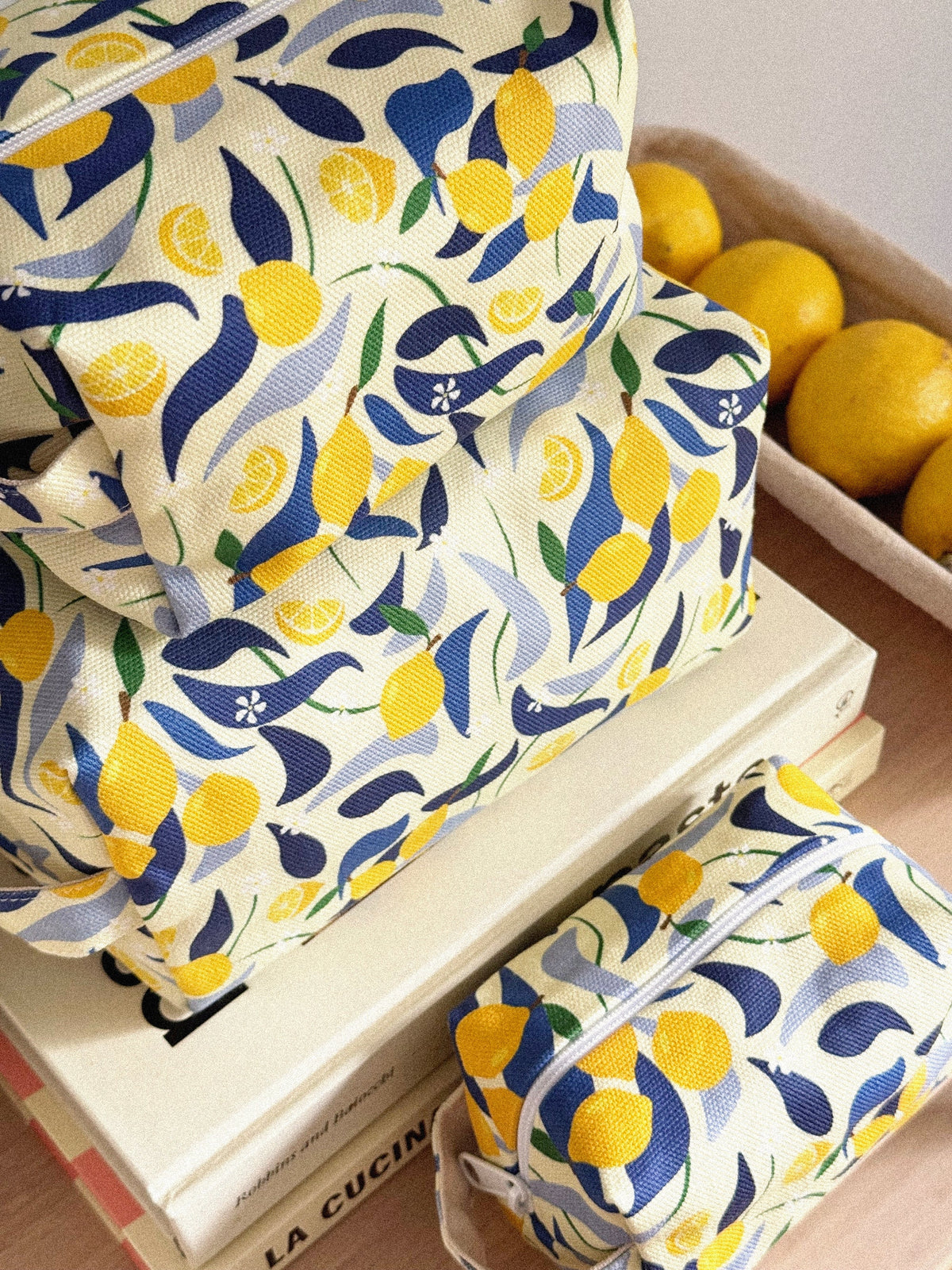 Three lemon themed stacked make up bags by Freon Collective 2