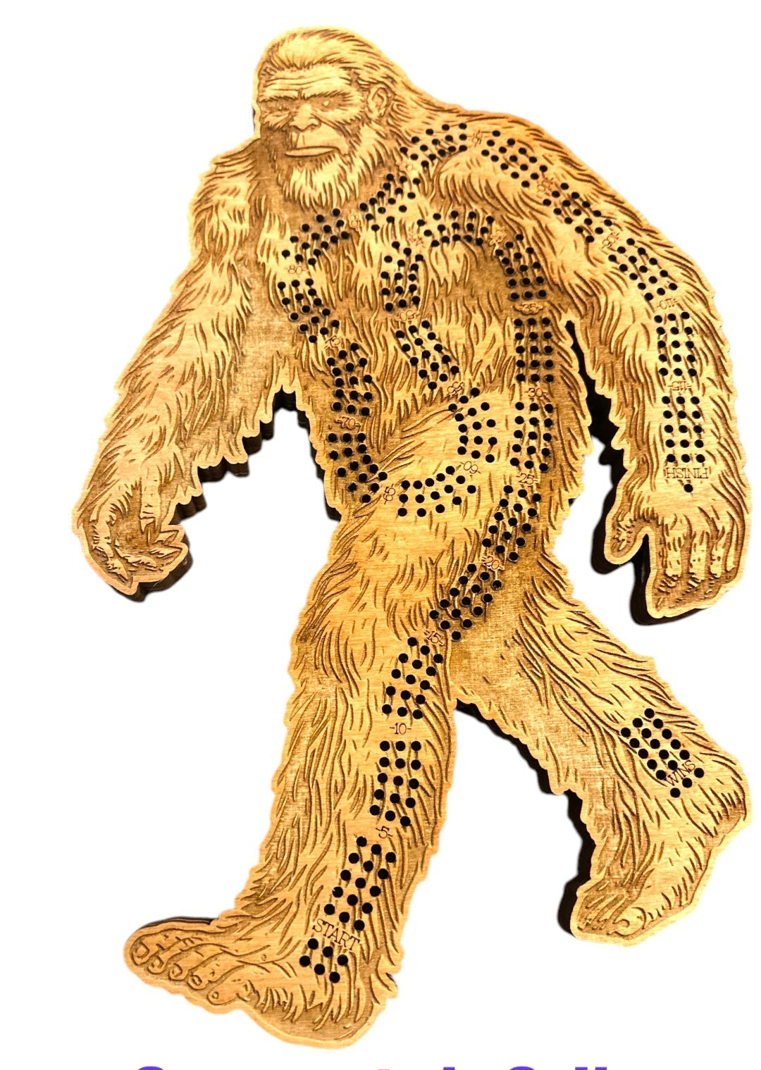 A hand carved wooden Sasquatch Crib board shaped like a walking sasquatch, featuring pre-drilled peg holes for toy storage, shown on a white background 