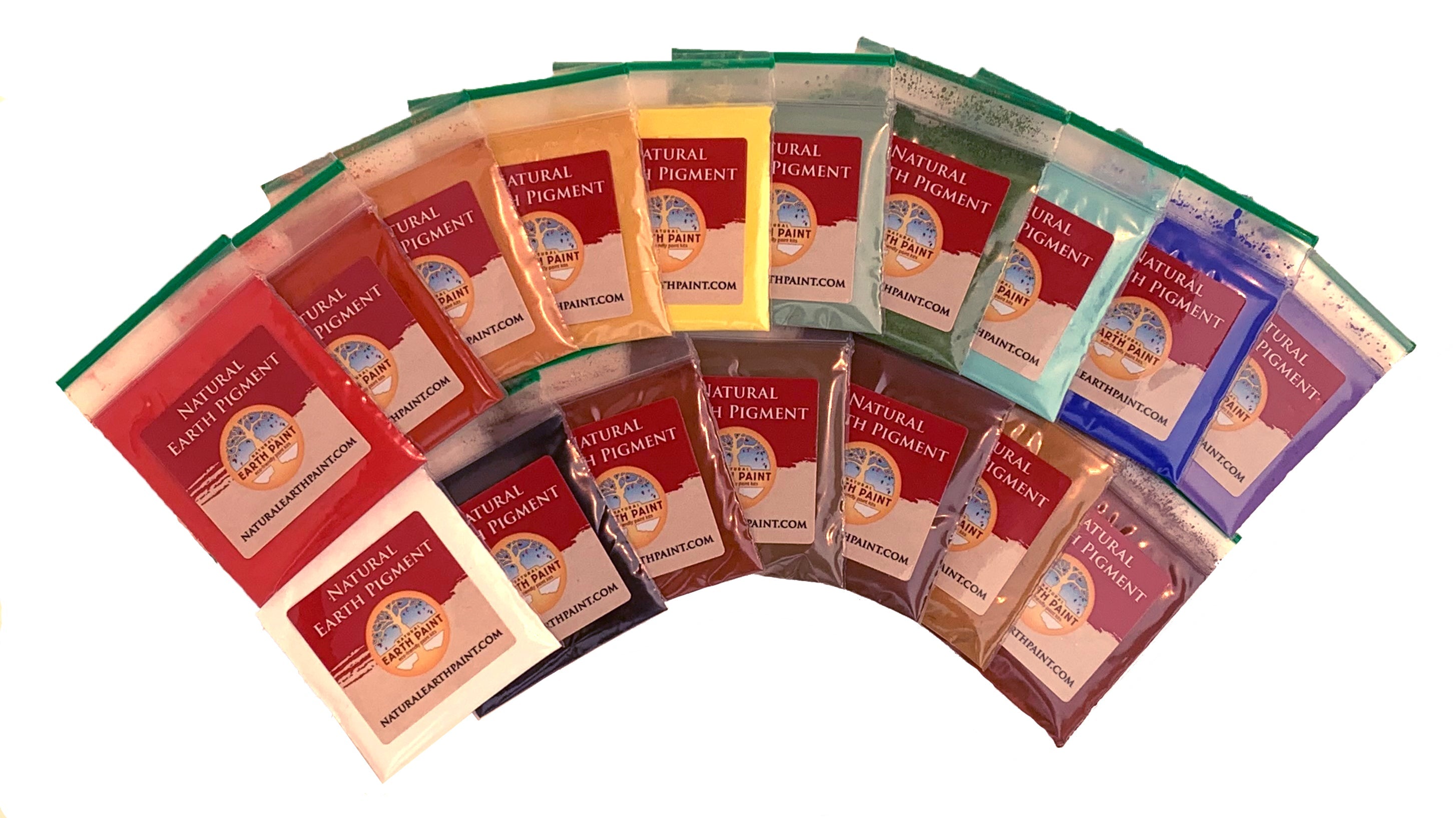 Collection of various packets labeled 'Natural Pigment' on a white background