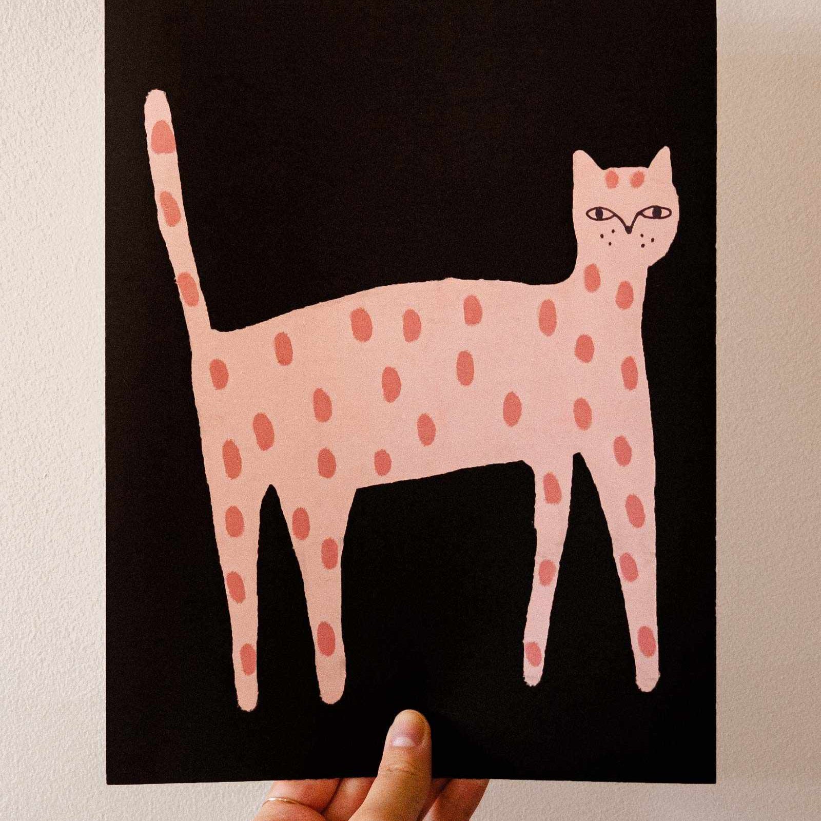 Mimi & August Playful Cat Art Print — pink polka dot cat illustration, 8×10", Montreal-made