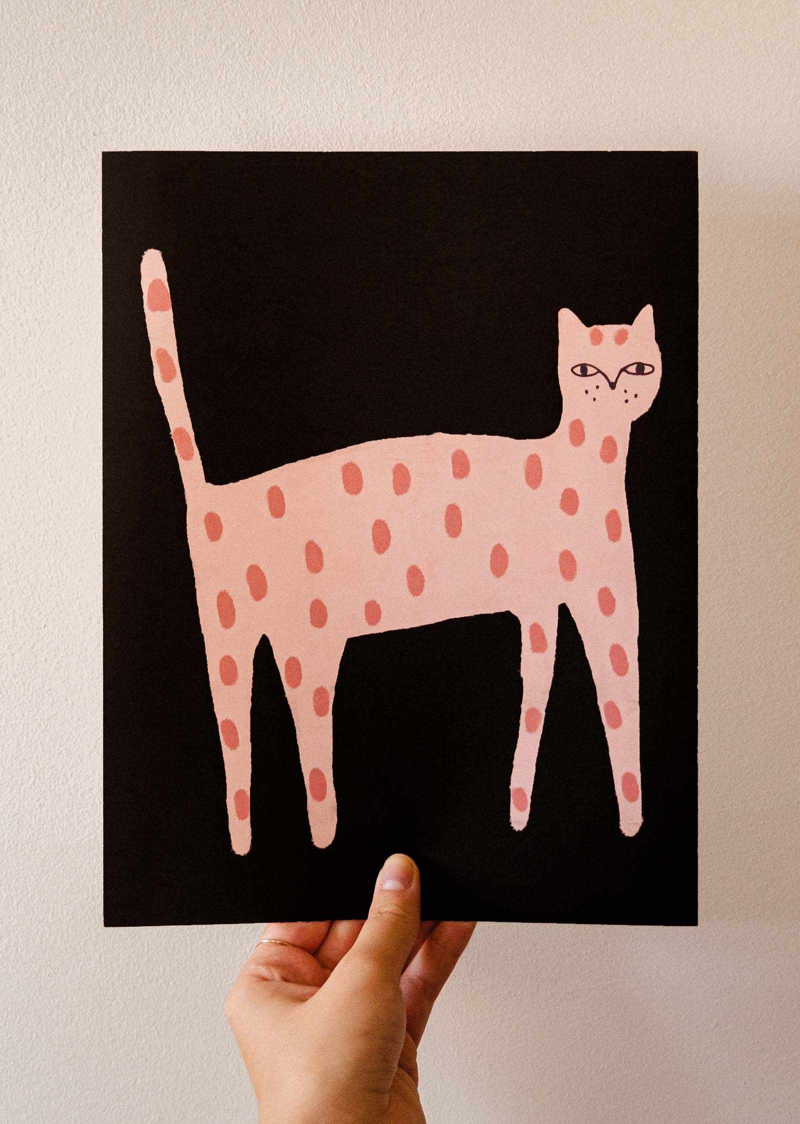 Mimi & August Playful Cat Art Print — pink polka dot cat illustration, 8×10", Montreal-made