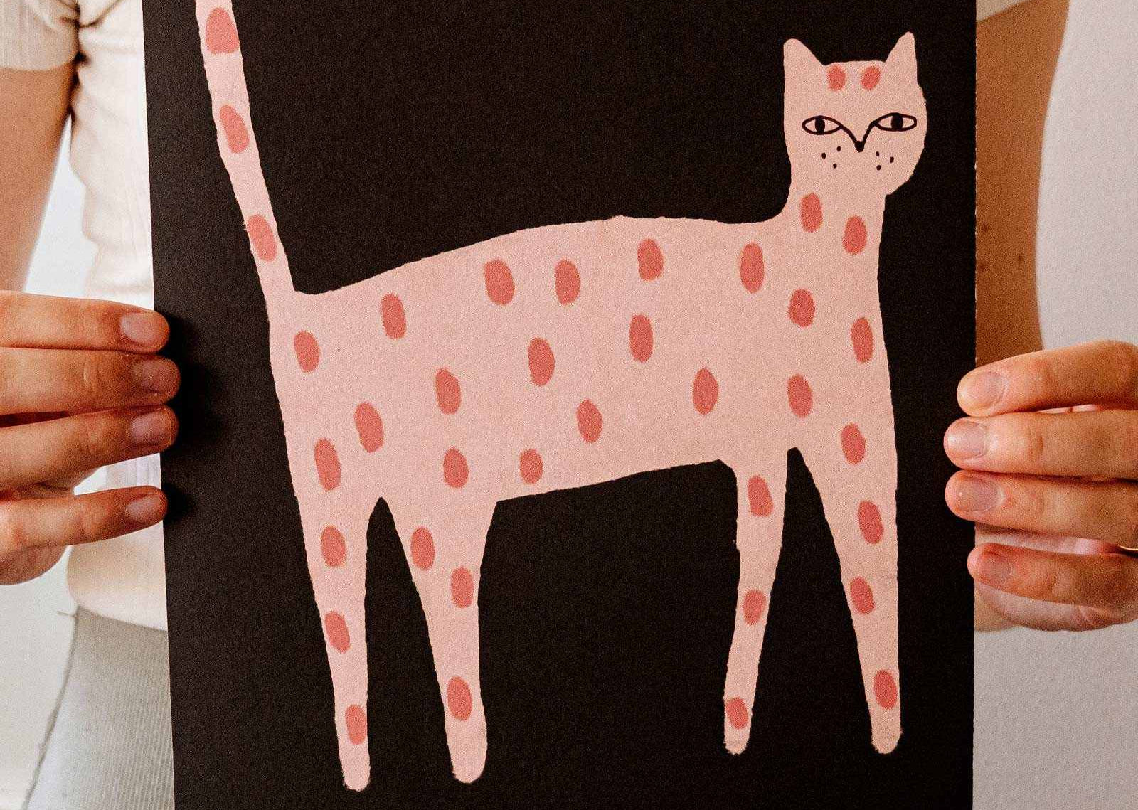 Mimi & August Playful Cat Art Print — pink polka dot cat illustration, 8×10", Montreal-made