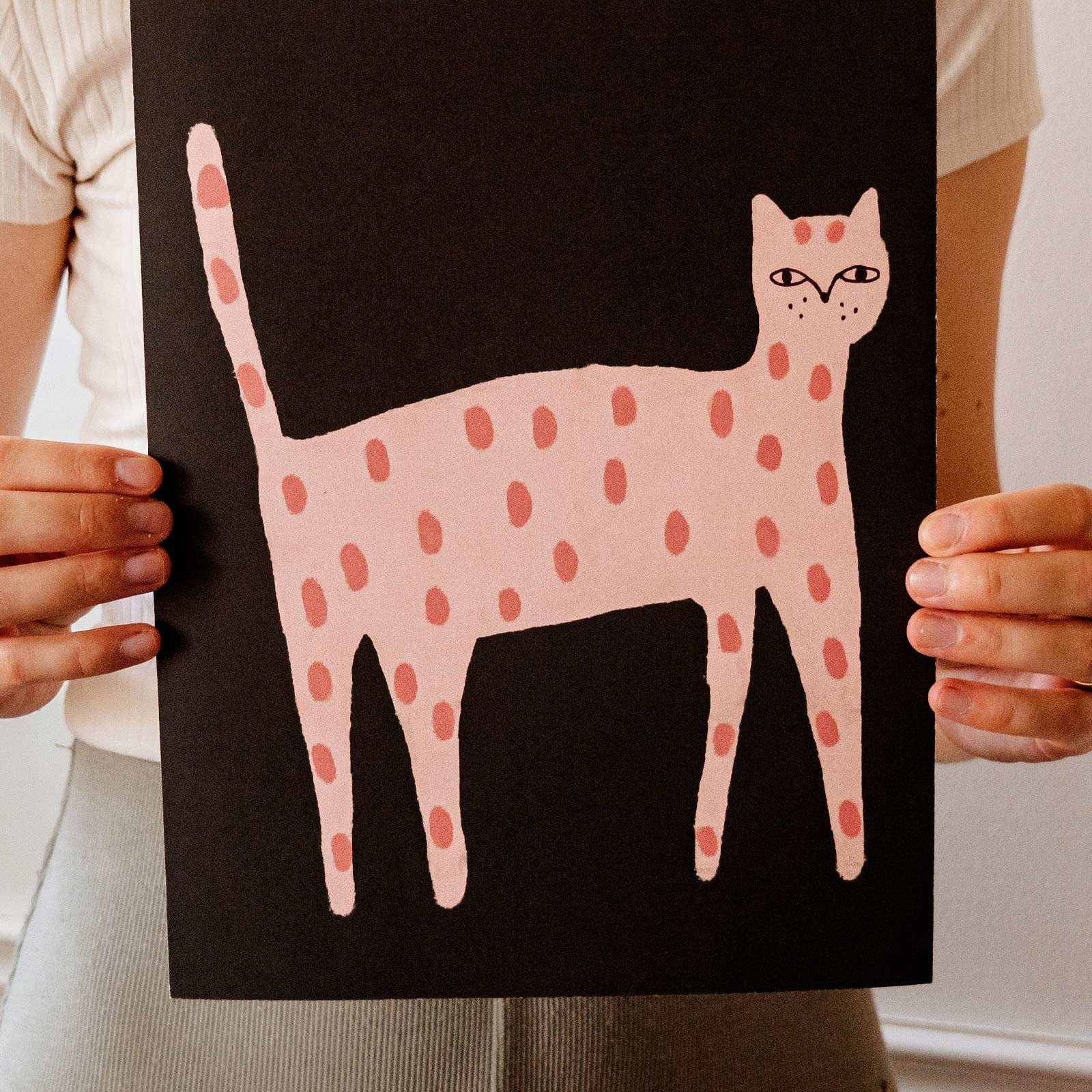 Mimi & August Playful Cat Art Print — pink polka dot cat illustration, 8×10", Montreal-made