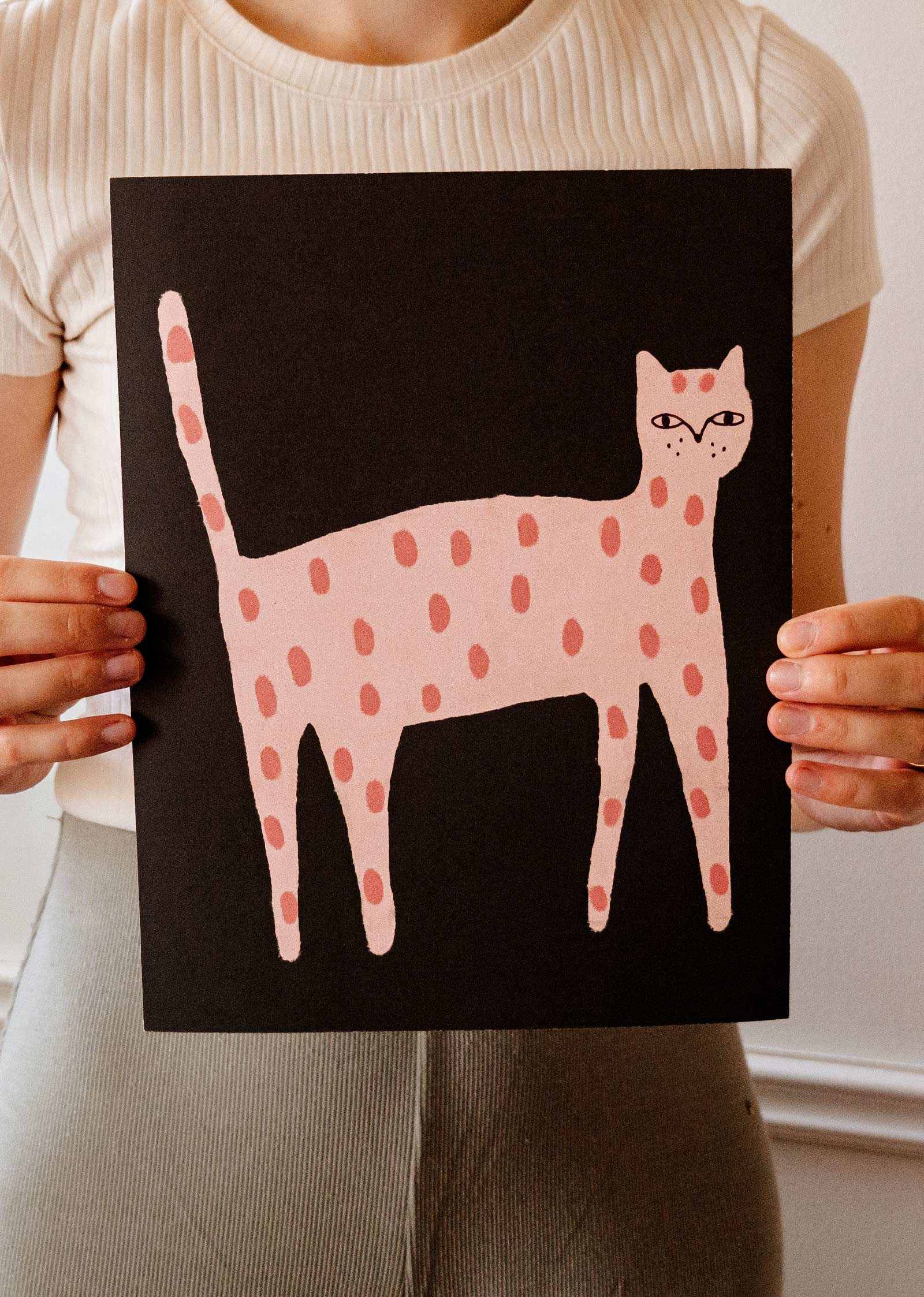 Mimi & August Playful Cat Art Print — pink polka dot cat illustration, 8×10", Montreal-made