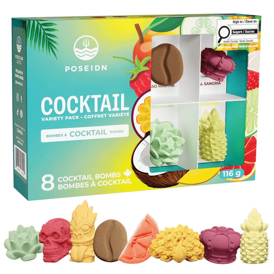 Box of Poseidn Cocktail Variety Pack with cocktail bombs displayed in front