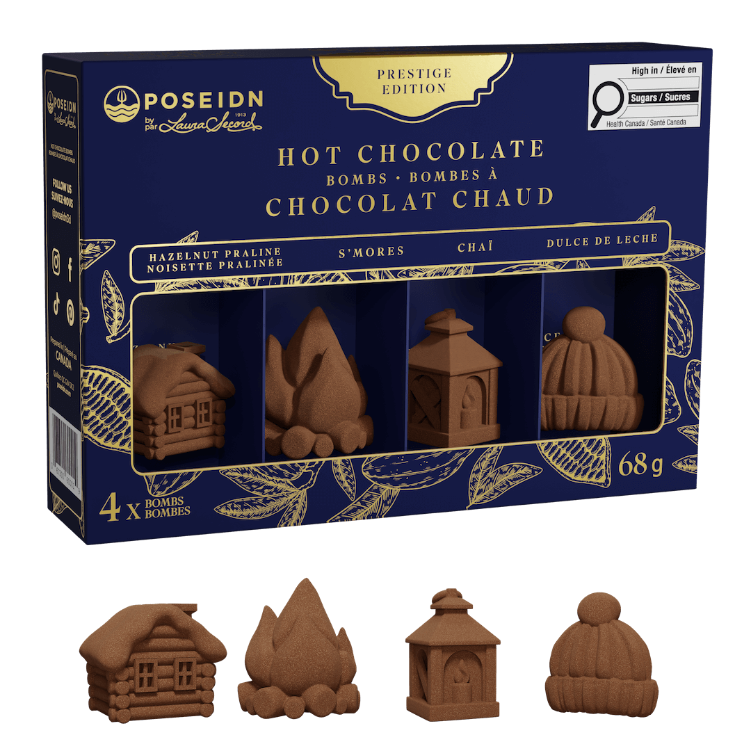 Poseidon Signature Series hot chocolate bombs in a dark blue and gold retail box, with four individual brown chocolate bombs displayed below on a black background.