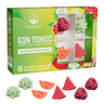 Box of Poseidn Gin Tonic cocktail bombs with colorful packaging and bomb shapes on a black background.