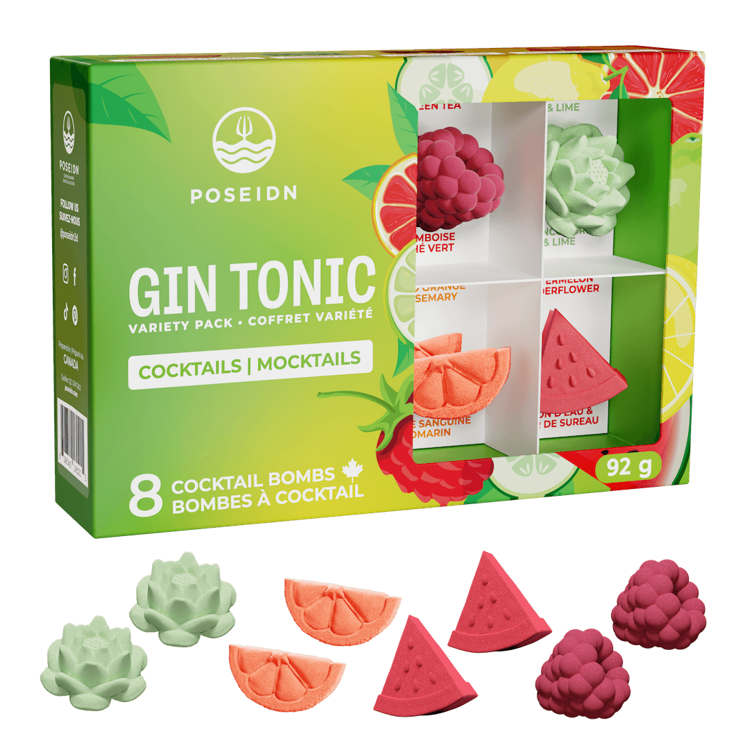 Box of Poseidn Gin Tonic cocktail bombs with colorful packaging and bomb shapes on a black background.