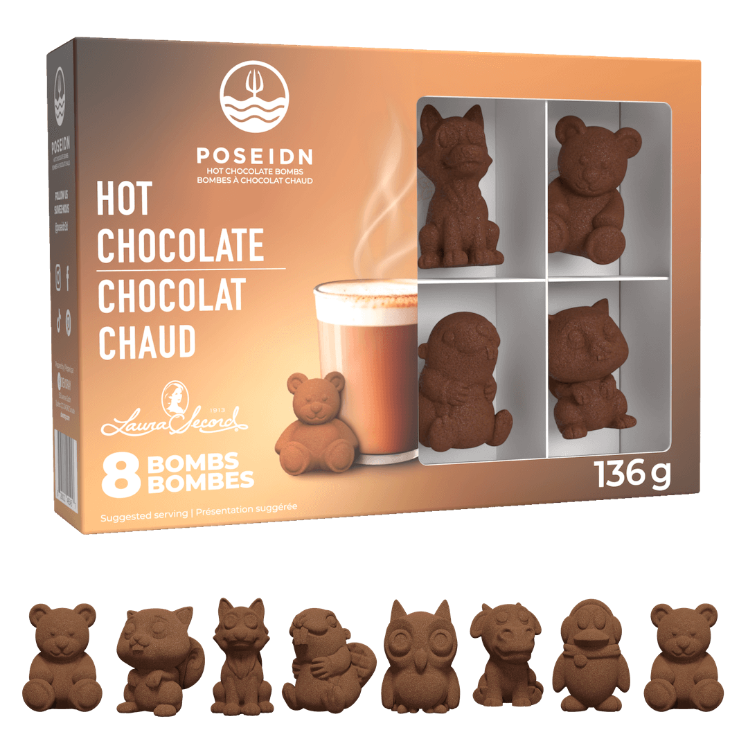 Box of Poseidn hot chocolate bombs with teddy bear shapes on a black background