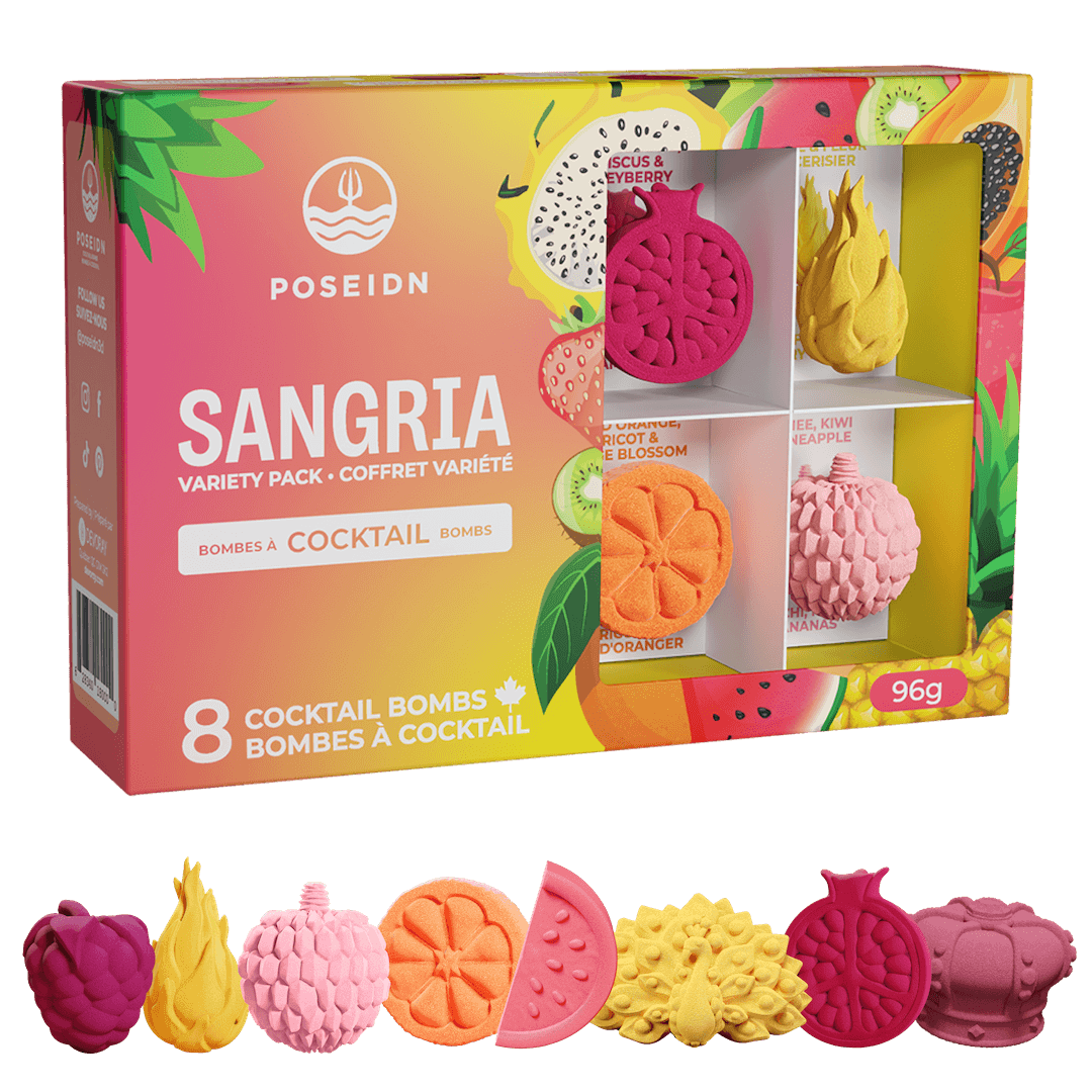 Box of Poseidn Sangria cocktail bombs with colorful packaging and product display.