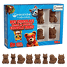 Poseidn by Laura Chevalier hot chocolate bombs in a blue character-themed box, shown with eight individual brown chocolate bomb shapes lined up below on a white background.