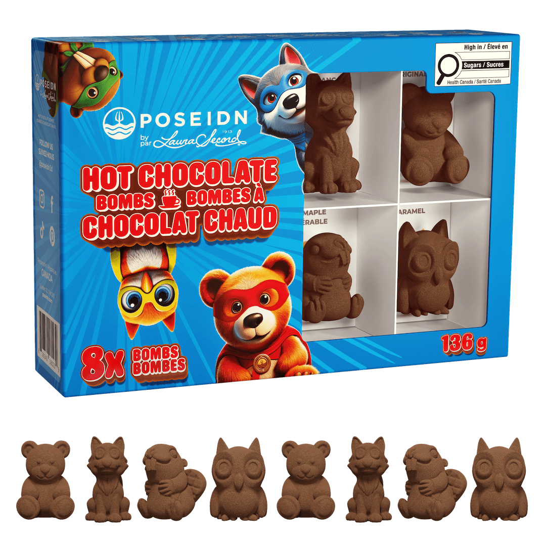 Poseidn by Laura Chevalier hot chocolate bombs in a blue character-themed box, shown with eight individual brown chocolate bomb shapes lined up below on a white background.