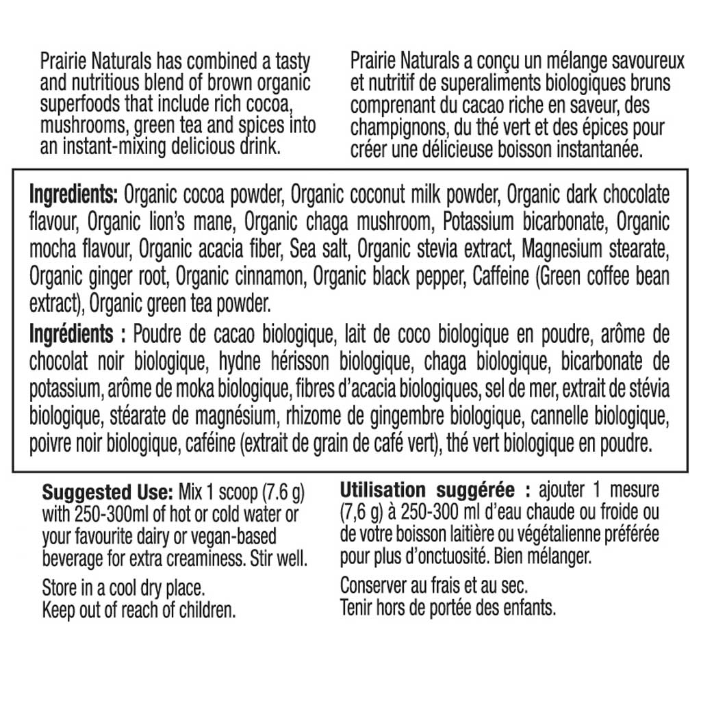 A black and white product information card for Prairie Naturals, showing the English and French 'Ingredients' and 'Suggested Use' text for their hot chocolate blend.