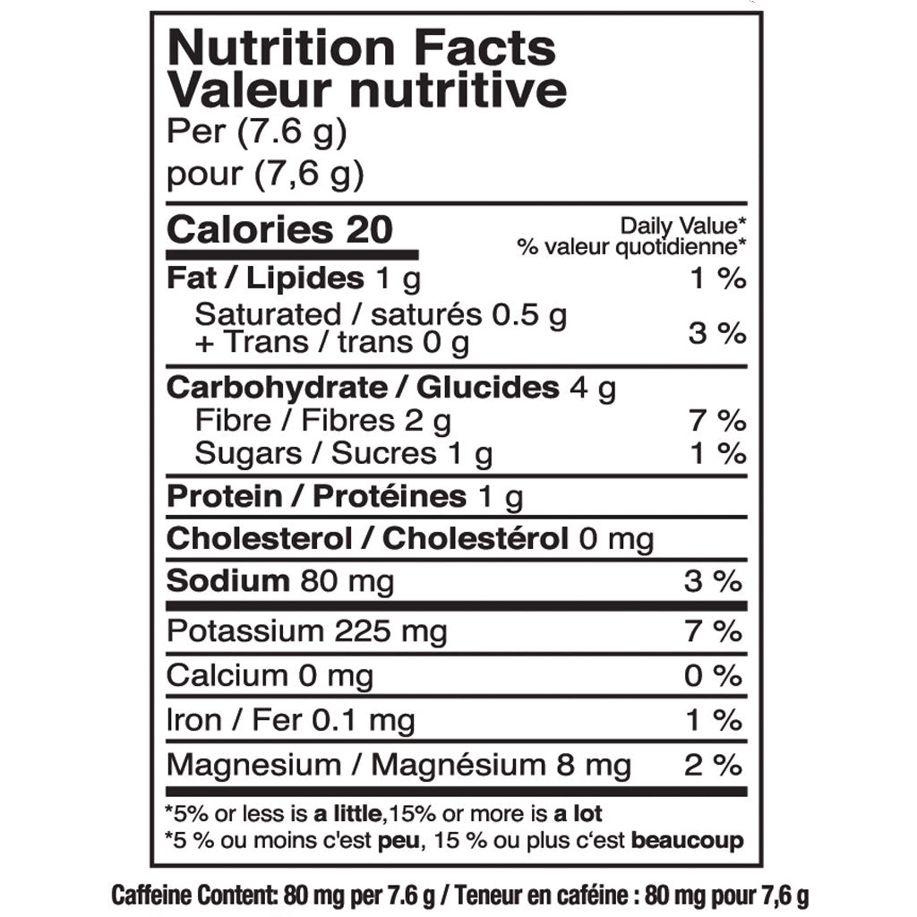 A Nutrition Facts label in French, showing calories, fat, carbohydrates, protein, and other nutrients per 7.6 g serving, with a caffeine content note at the bottom.