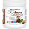 A white plastic tub of Prairienaturals Organic Cocoa Focus Superfoods powder, featuring a label with brown and gray text, a cup of cocoa, and chocolate pieces.