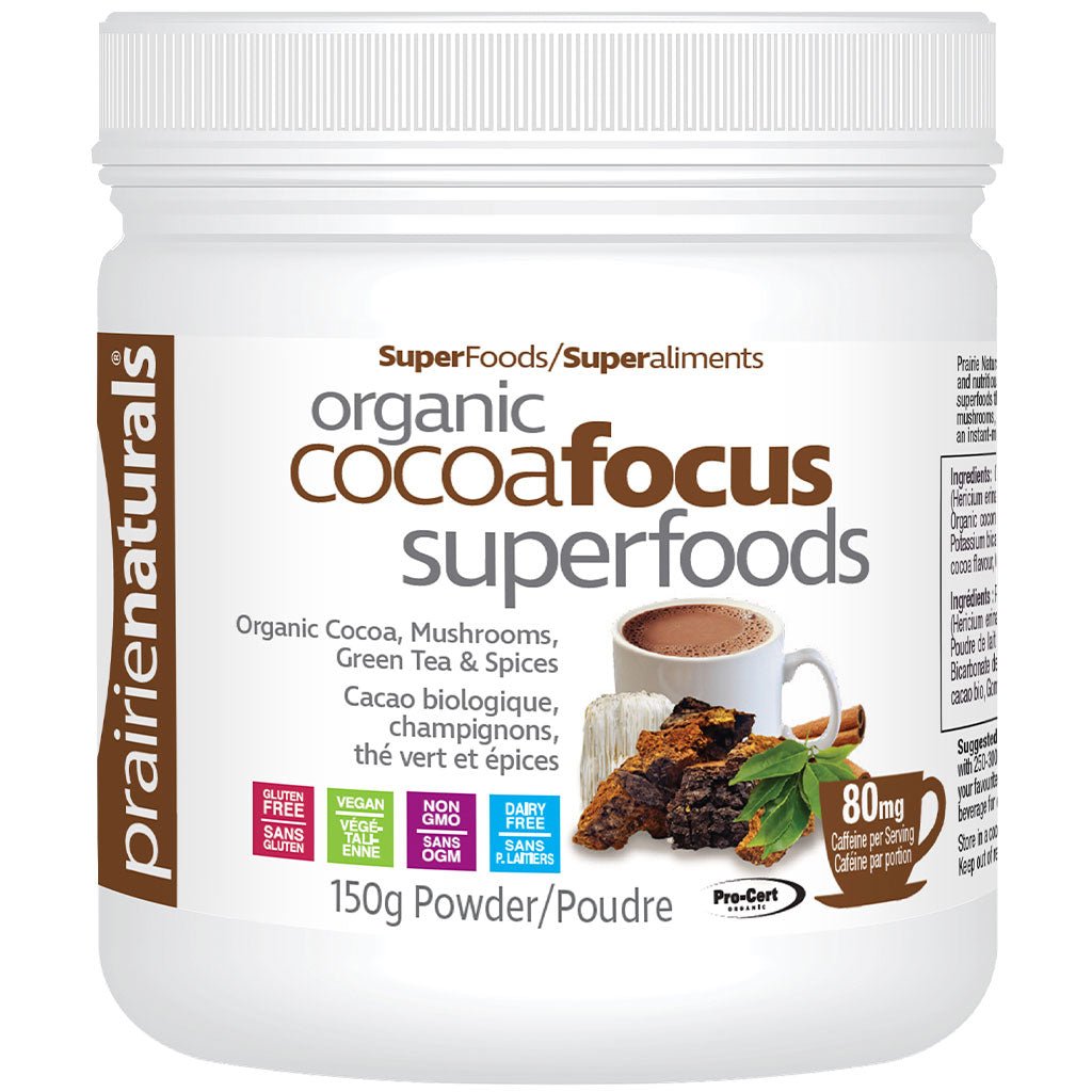 A white plastic tub of Prairienaturals Organic Cocoa Focus Superfoods powder, featuring a label with brown and gray text, a cup of cocoa, and chocolate pieces.