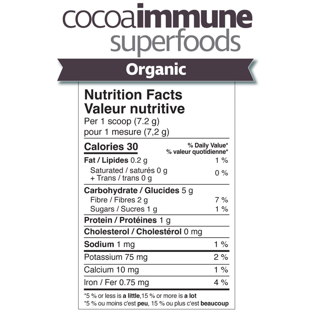 A Nutrition Facts label for cocoa immune superfoods organic, showing calories, fat, protein, carbohydrates, and other nutrients per scoop on a white background.