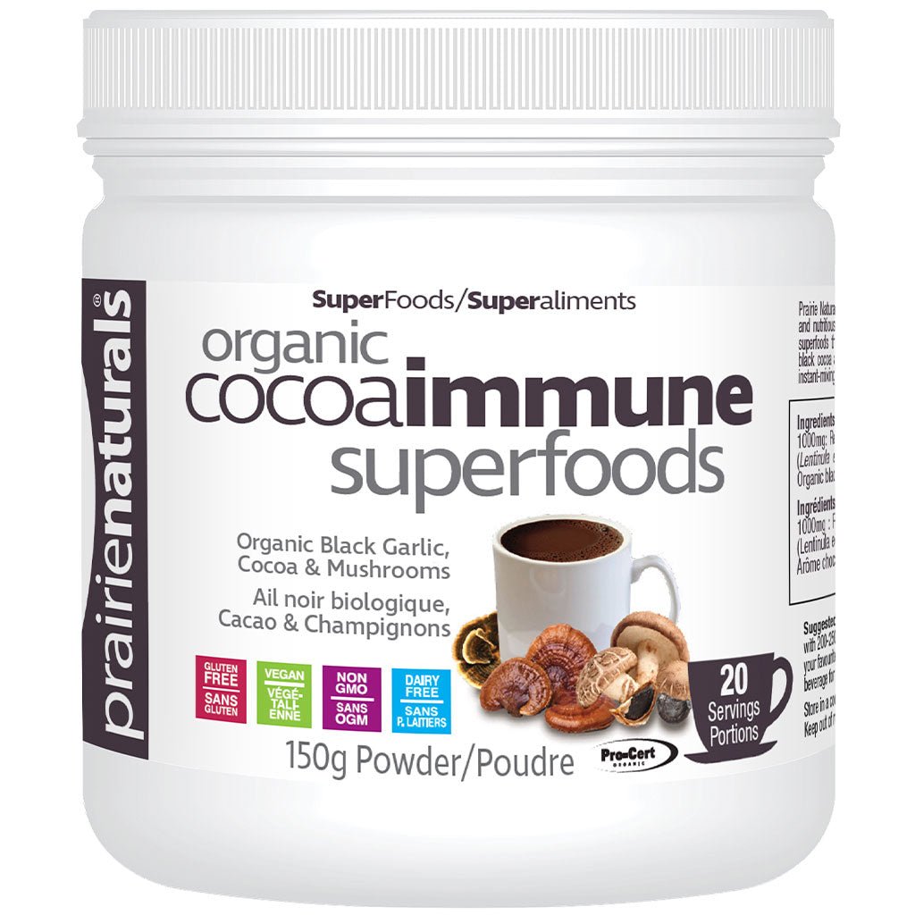 prairienaturals Organic Cocoa Immune Superfoods powder, featuring a label with cocoa and mushroom imagery on a white background.
