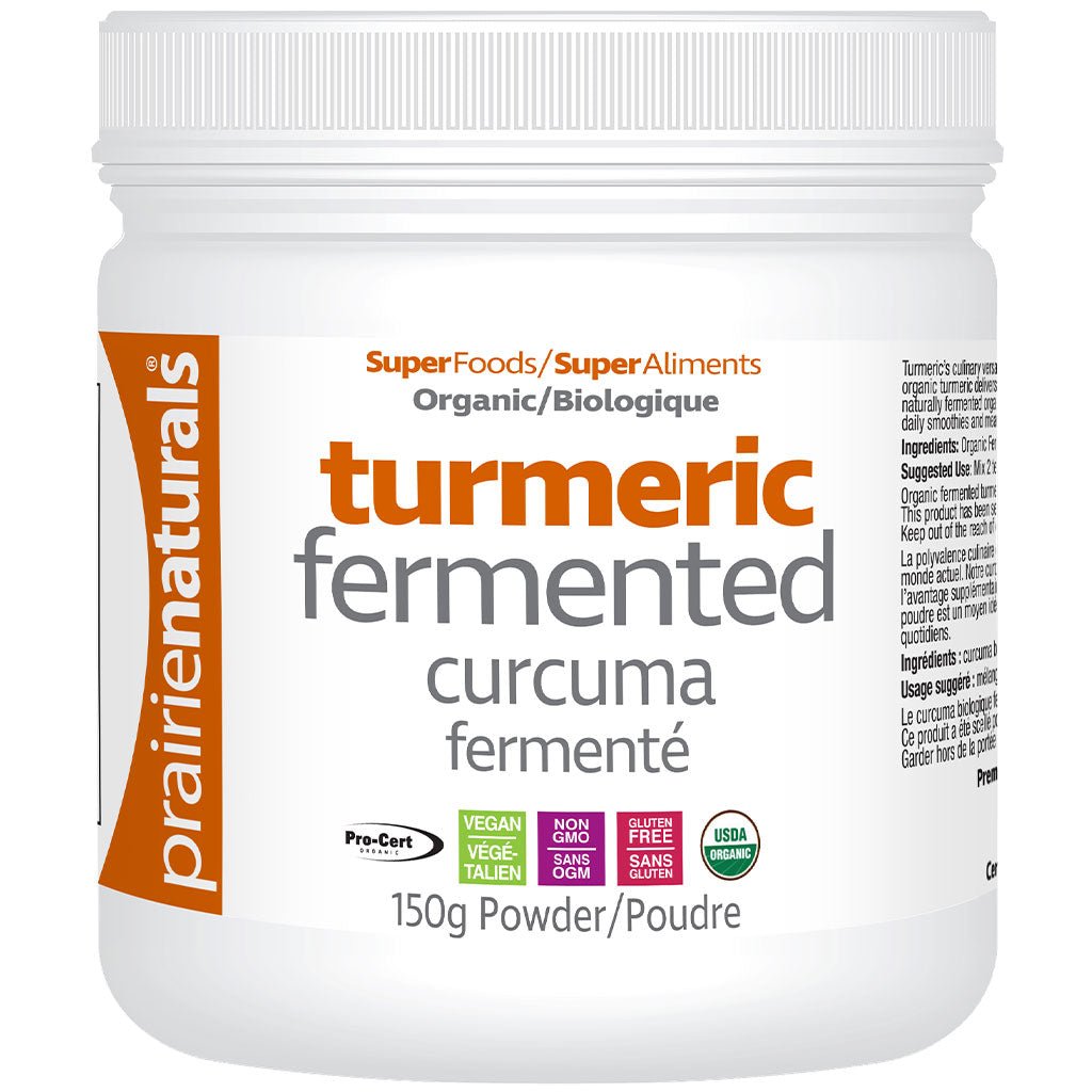  prairienaturals Turmeric Fermented Curcuma Powder, 150g, on a clean white background.