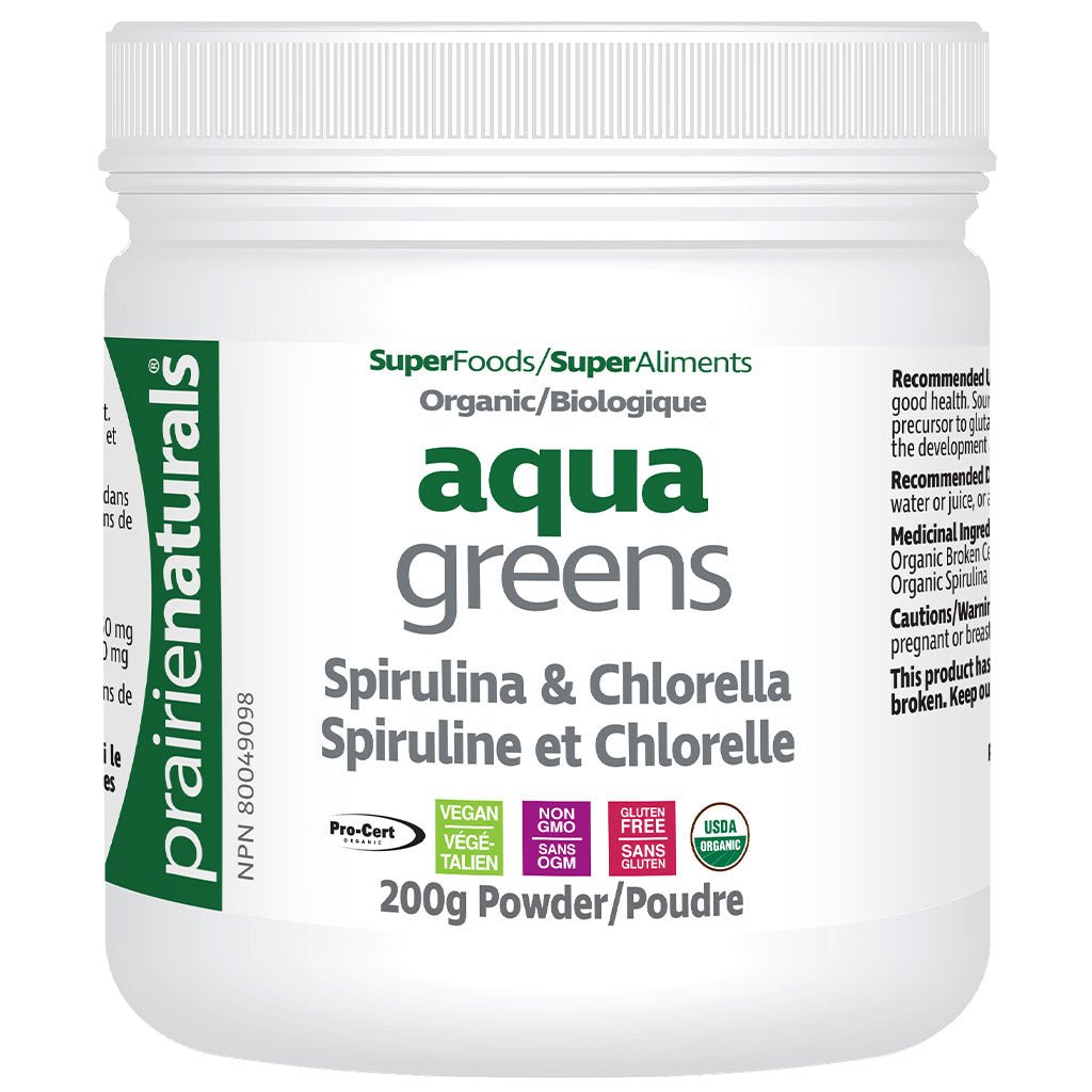 A white plastic jar of prairienaturals Aqua Greens Spirulina & Chlorella powder, featuring a white label with green and gray text and a green brand stripe on the left.
