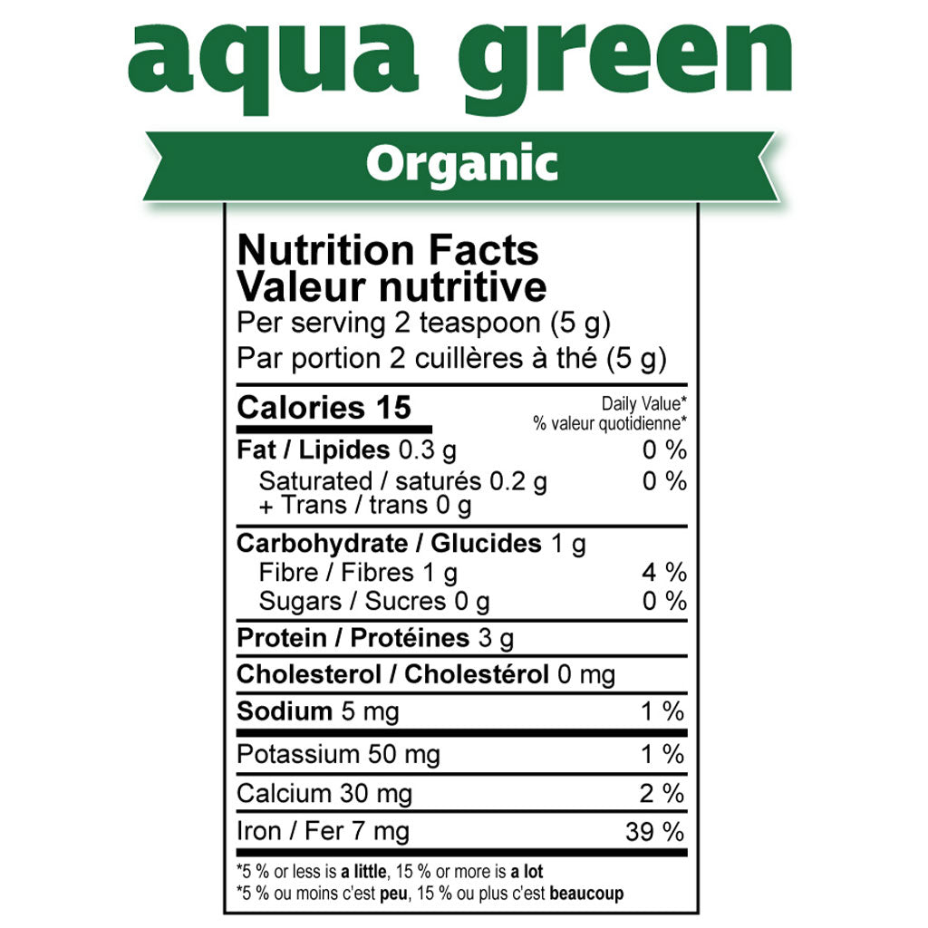A Nutrition Facts label for an organic green tea product on a white background, with large green 'aqua green' text at the top.
