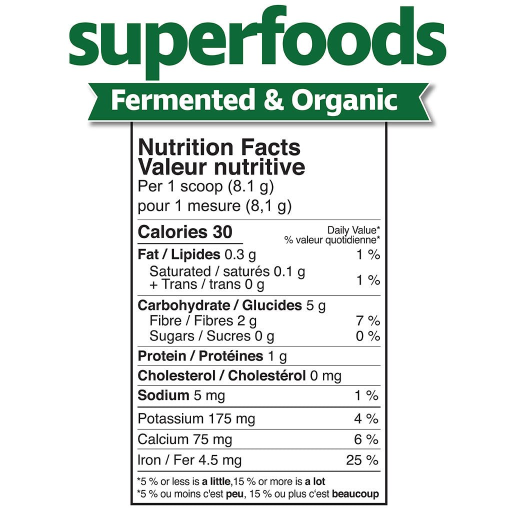 A nutrition facts label for a superfood product, with large green text reading 'superfoods' and a banner saying 'Fermented & Organic' above a black nutrition panel on a white background.