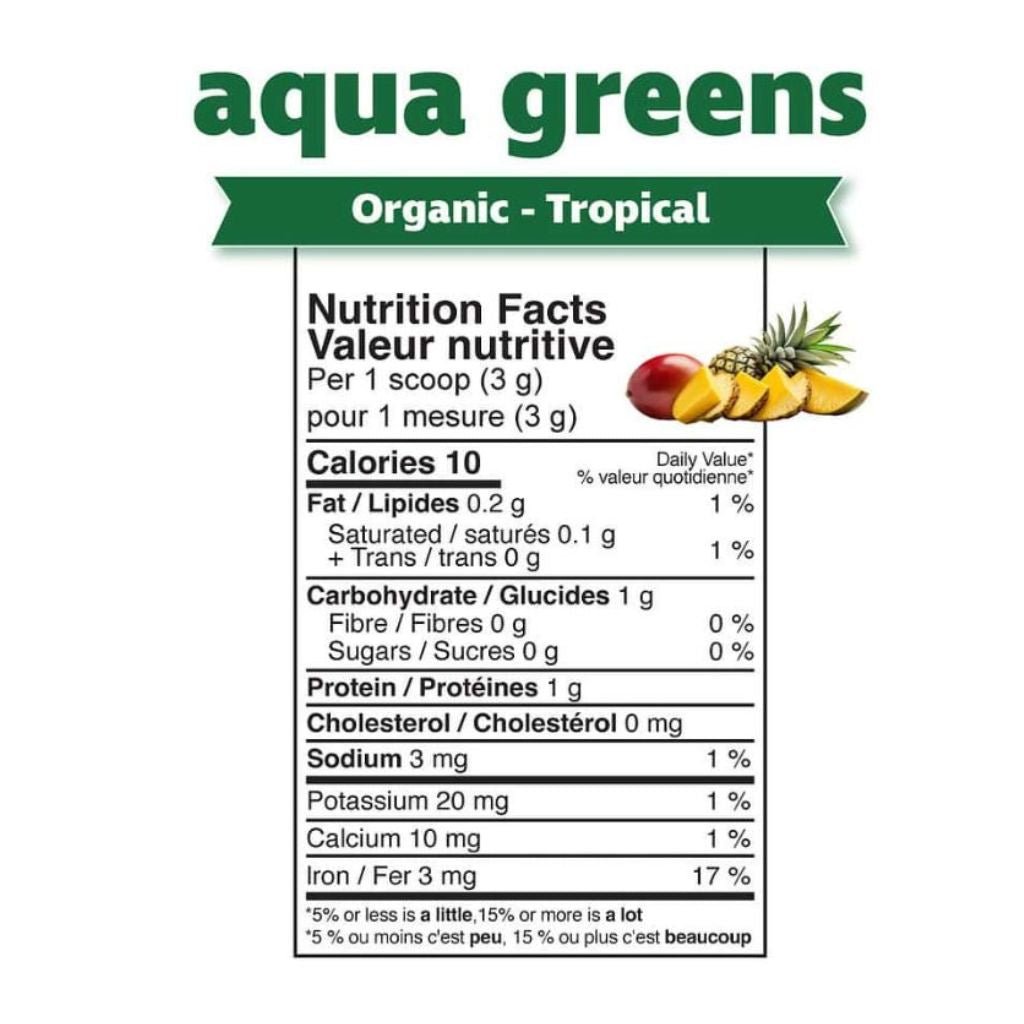 A nutrition facts label for aqua greens organic tropical, showing a scoop of fruit salad with a small illustration of mango and pineapple, on a white background.