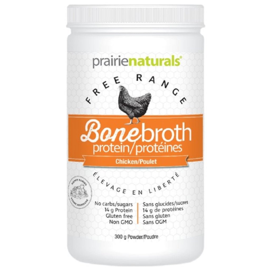 Prairie Naturals Free Range Bonebroth powder, featuring an orange and white label with a chicken graphic.